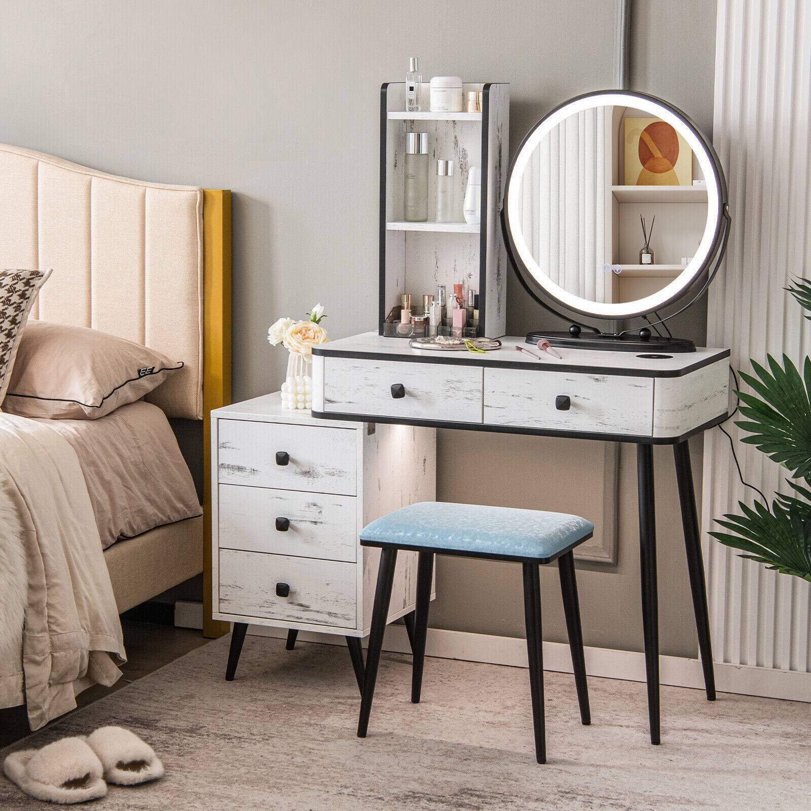 Angle. SlickBlue - Vanity Table with 3-Color Adjustable Mirror and Cushioned Stool - White.