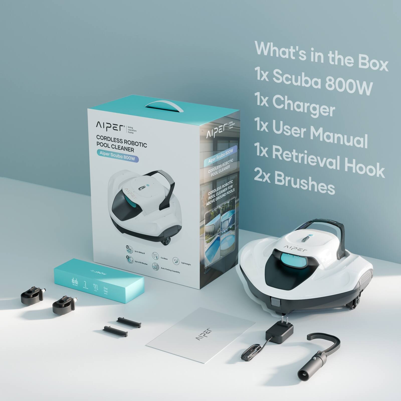 AIPEr smg | - - CORDLESS ROBOTIC POOL CLEANER Alper Scuba BOOW APEr

What's in the Box
1x Scuba 800W
1x Charger
1x User Manual
1x Retrieval Hook
2x Brushes

AIPEr