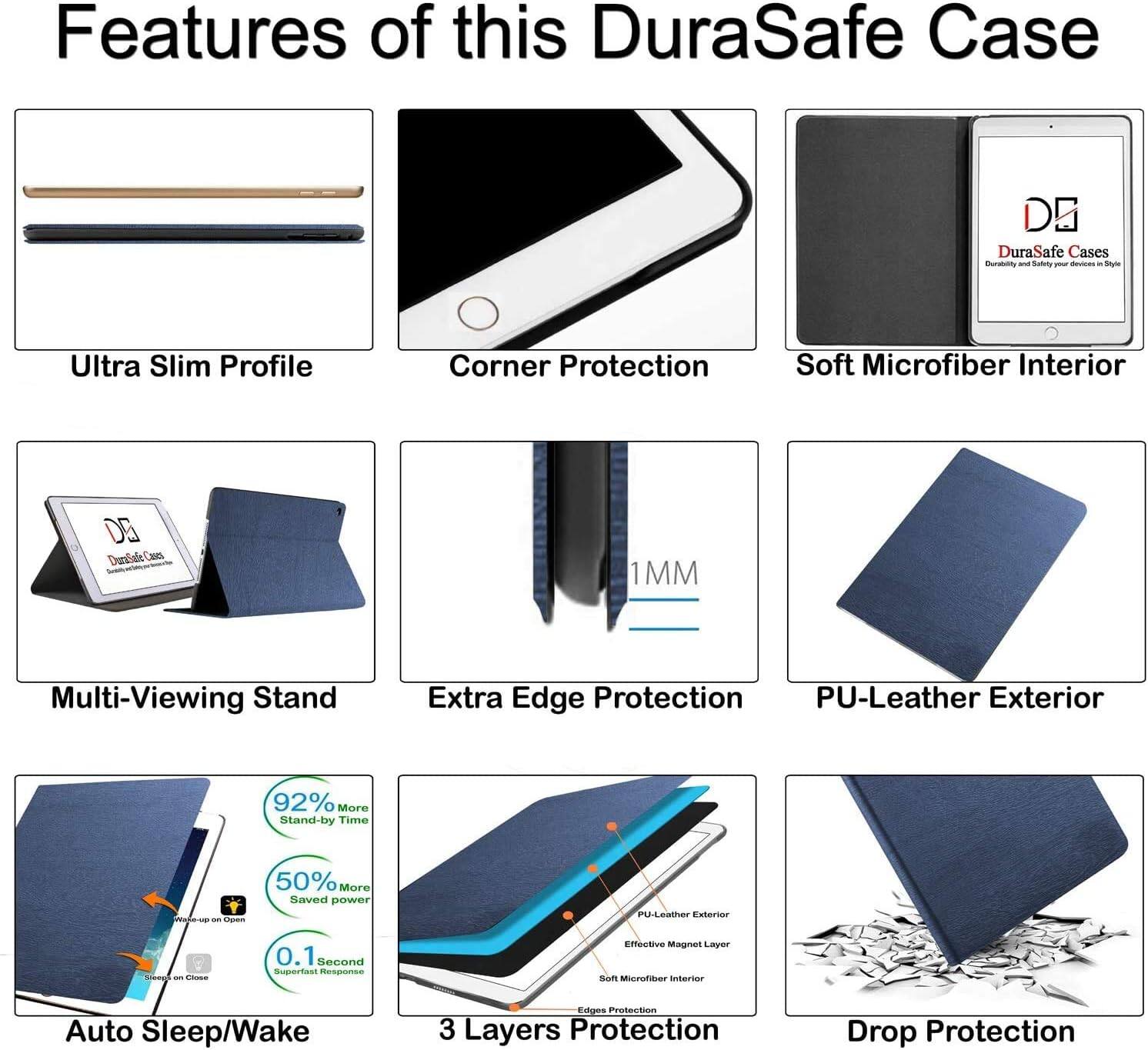 Features of this DuraSafe Case

- DG DuraSafe Cases
  - Durability - Safety - Design - Style

- Ultra Slim Profile
- Corner Protection
- Soft Microfiber Interior

- DO DuraSafe Cases
  - Multi-Viewing Stand
  - Extra Edge Protection
  - PU-Leather Exterior
  - 92% More Stand-by Time
  - 50% More Saved Power
  - PU Leather Exterior
  - ISTREMENT Clase
  - 0.1 SECONDS superfast RESERGERSATION
  - Effective Magnet Layer son Microfiber Interior
  - Auto Sleep/Wake
  - Edges Protection
  - 3 Layers Protection
  - Drop Protection
