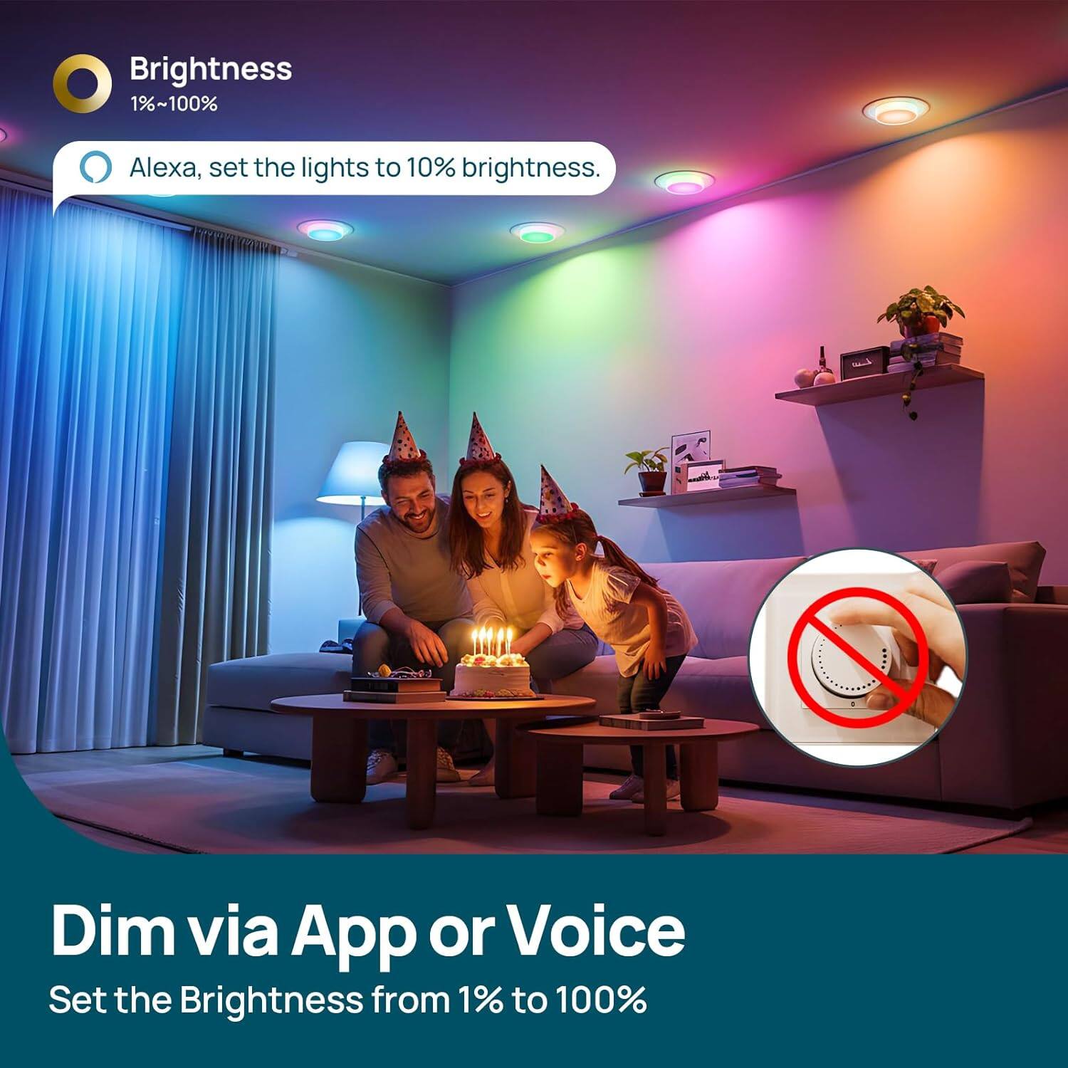 Brightness 1%~100%  
Alexa, set the lights to 10% brightness.  

Dim via App or Voice  
Set the Brightness from 1% to 100%