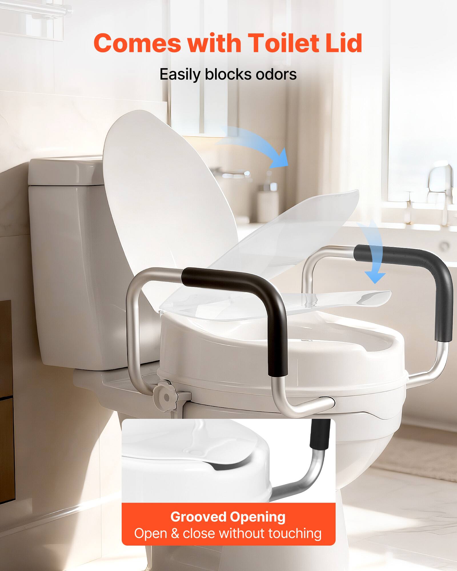 - Comes with Toilet Lid
- Easily blocks odors
- Grooved Opening
- Open & close without touching