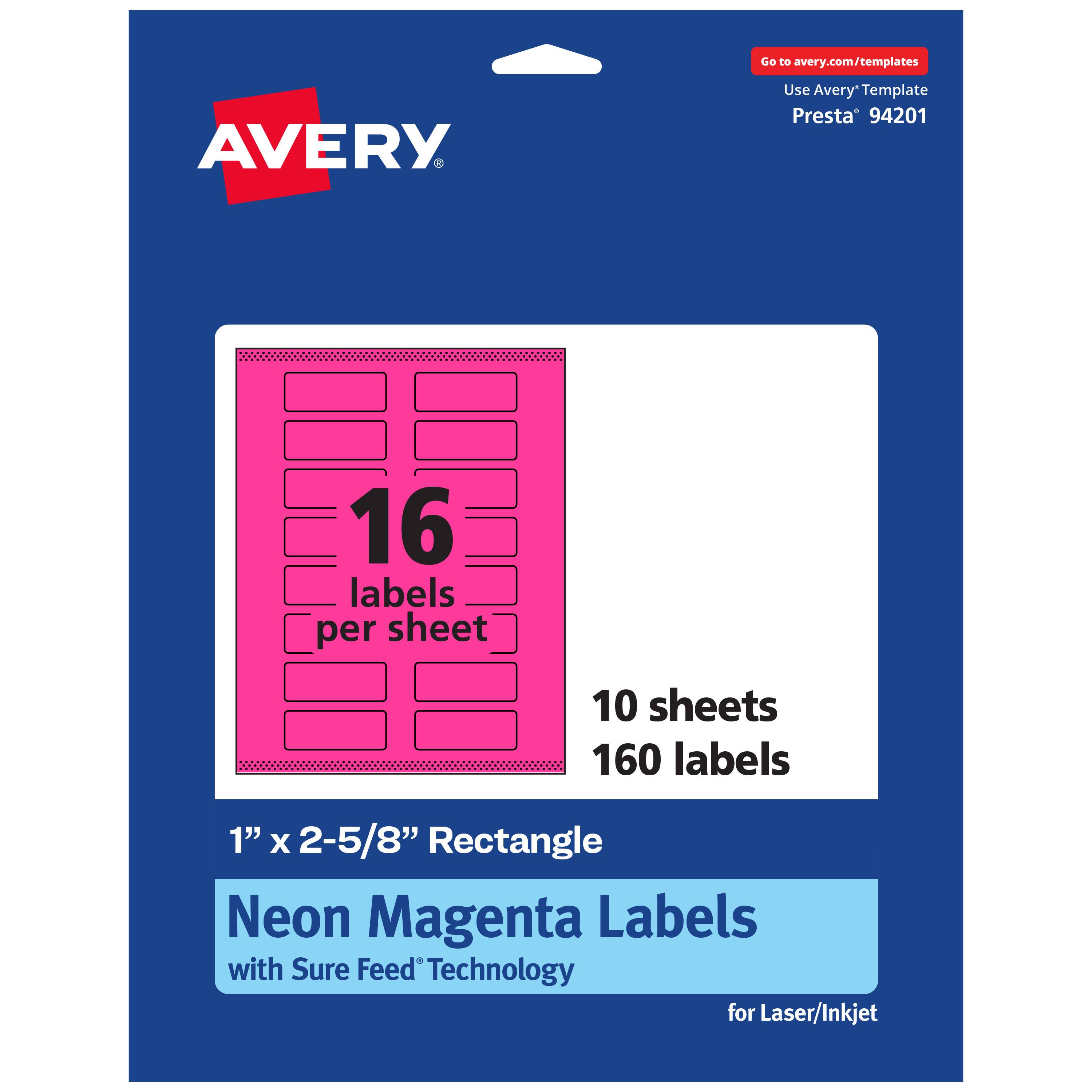 Go to avery.com/templates  
AVERY  
Use Avery Template Presta* 94201  
16 labels per sheet  
10 sheets  
160 labels  
1" x 2-5/8" Rectangle  
Neon Magenta Labels with Sure Feed Technology for Laser/Inkjet