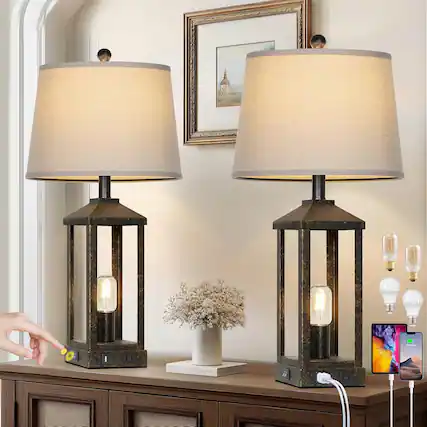 Front. Cozy Serene - White Lamp table lamp Vintage USB LED metal Lamps Living Room Farmhouse Industrial Nightstand with Outlet - Bronze.