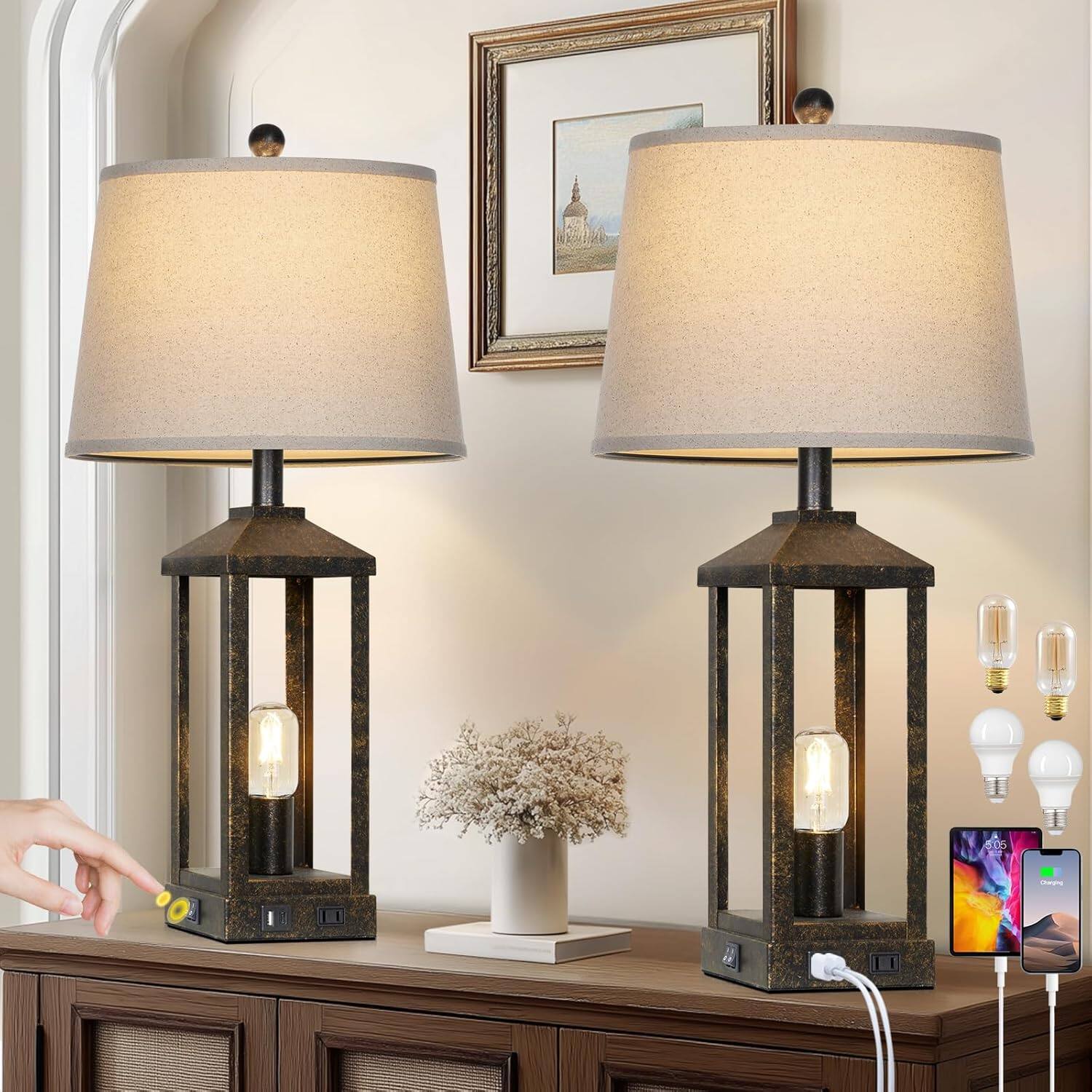 Front. Cozy Serene - White Lamp table lamp Vintage USB LED metal Lamps Living Room Farmhouse Industrial Nightstand with Outlet - Bronze.