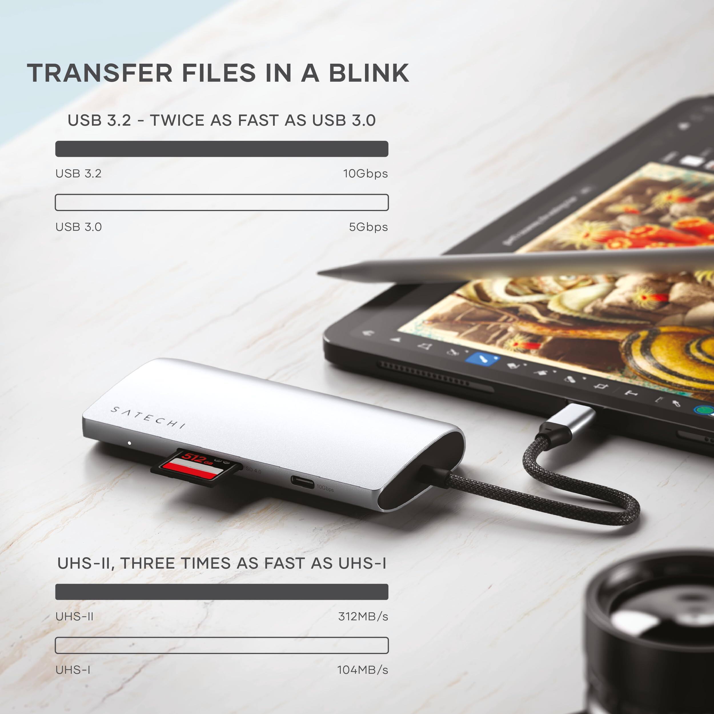 TRANSFER FILES IN A BLINK

USB 3.2 - TWICE AS FAST AS USB 3.0
USB 3.2 10Gbps
USB 3.0 5Gbps

UHS-II, THREE TIMES AS FAST AS UHS-I
UHS-II 312MB/s
UHS-I 104MB/s
