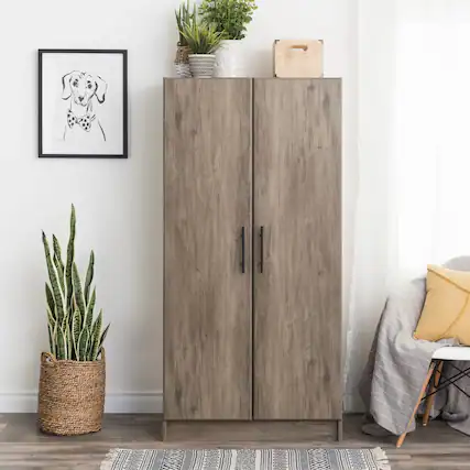 Front. Hivvago - Bedroom Armoire Wardrobe Cabinet with Hanging Rail in Grey Brown Wood Finish - Grey , Brown.