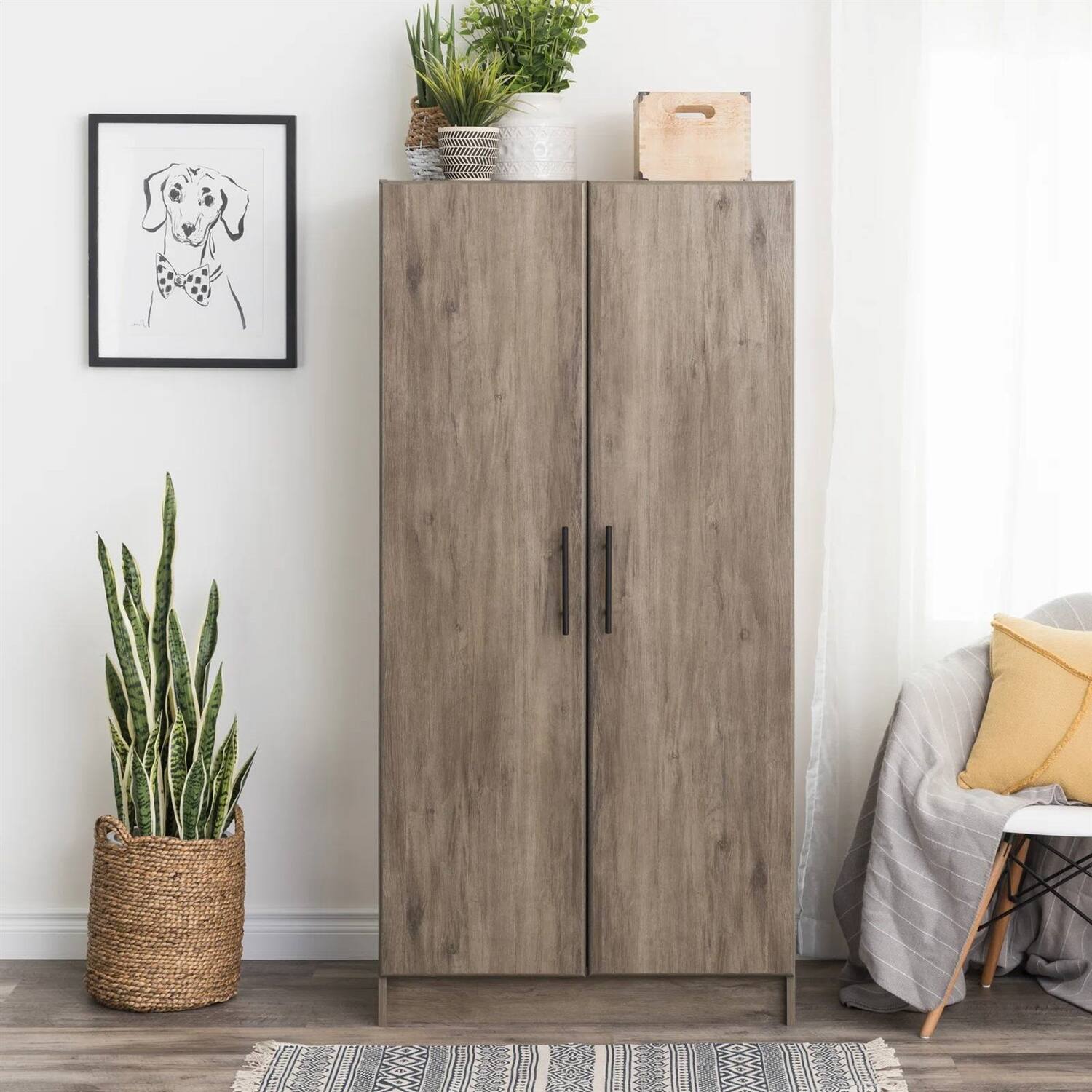 Front. Hivvago - Bedroom Armoire Wardrobe Cabinet with Hanging Rail in Grey Brown Wood Finish - Grey , Brown.