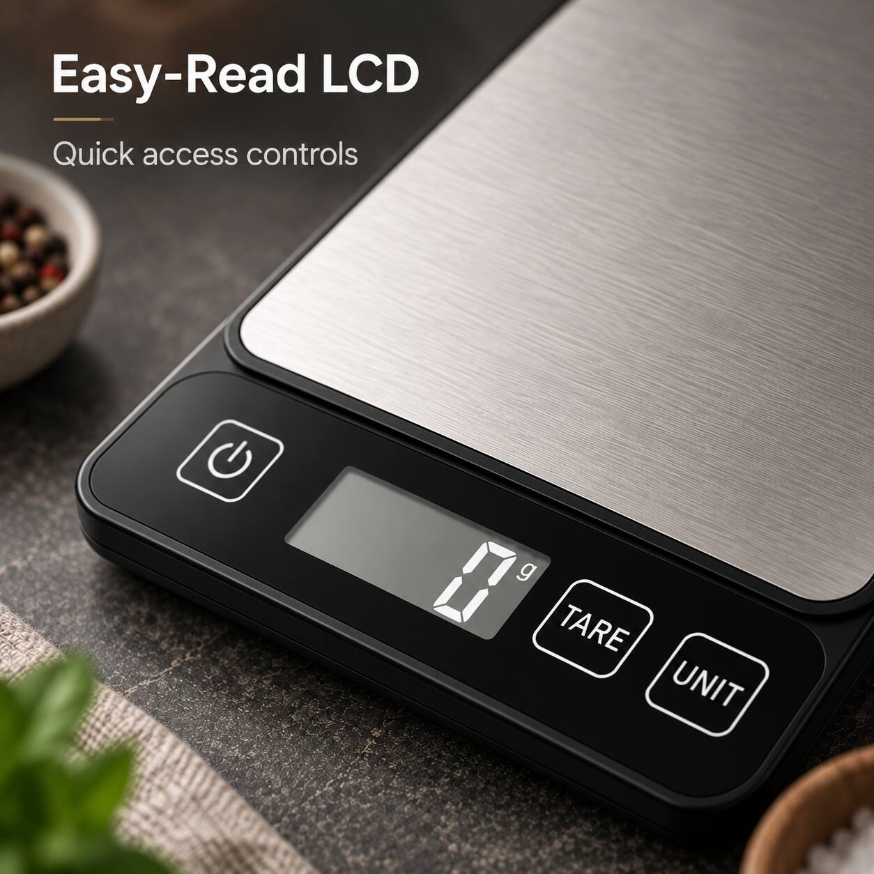 Easy-Read LCD  
Quick access controls  
0 g  
TARE  
UNIT