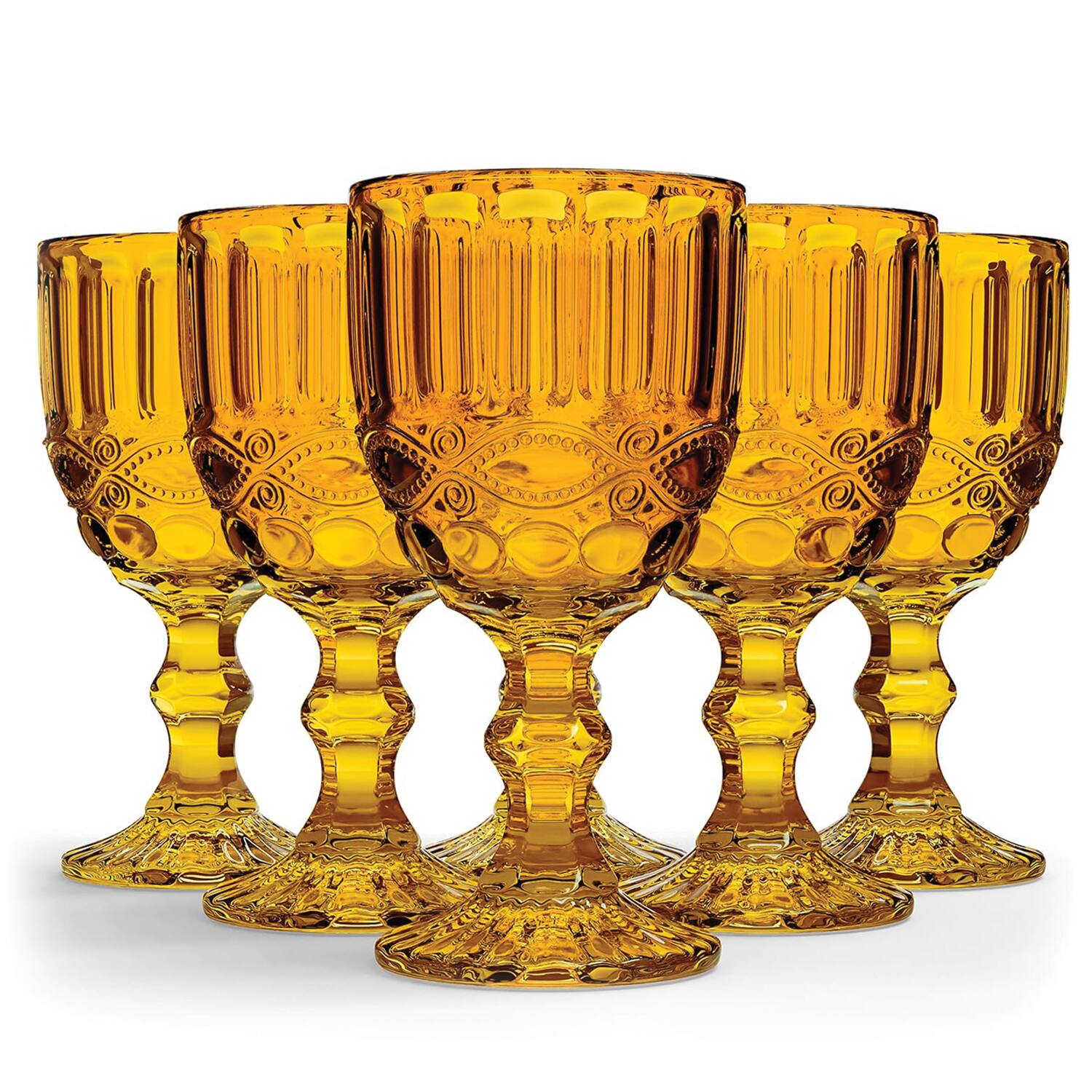 Front. Jay Import - Set of 6 Amber Embossed Wine Glasses (8.4 oz / 250 mL) - Amber.