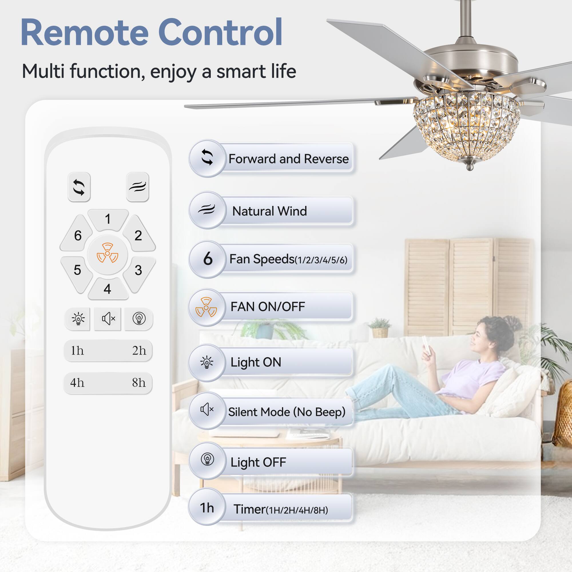 Remote Control
Multi function, enjoy a smart life
Forward and Reverse
6 5 1 4 2 3
Natural Wind
Fan Speeds(1/2/3/4/5/6)
FAN ON/OFF
1h 4h 2h 8h
Light ON
Silent Mode (No Beep)
Light OFF
1h
Timer(1H/2H/4H/8H)