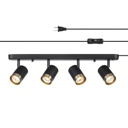 Front. Dazzed Corner - 4-Light Plug-in Track Lighting with Pivoting Heads - Black.