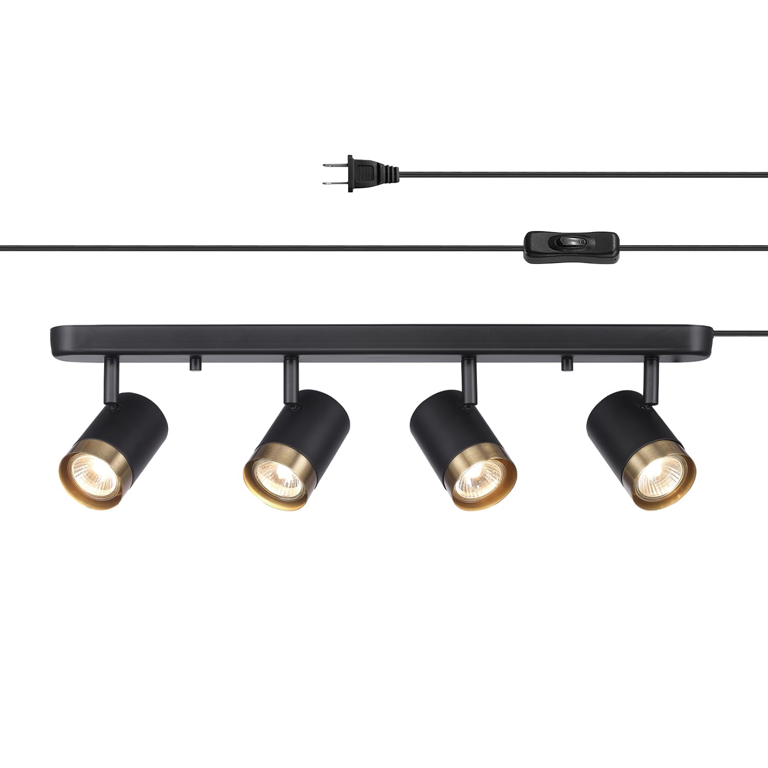 Front. Dazzed Corner - 4-Light Plug-in Track Lighting with Pivoting Heads - Black.