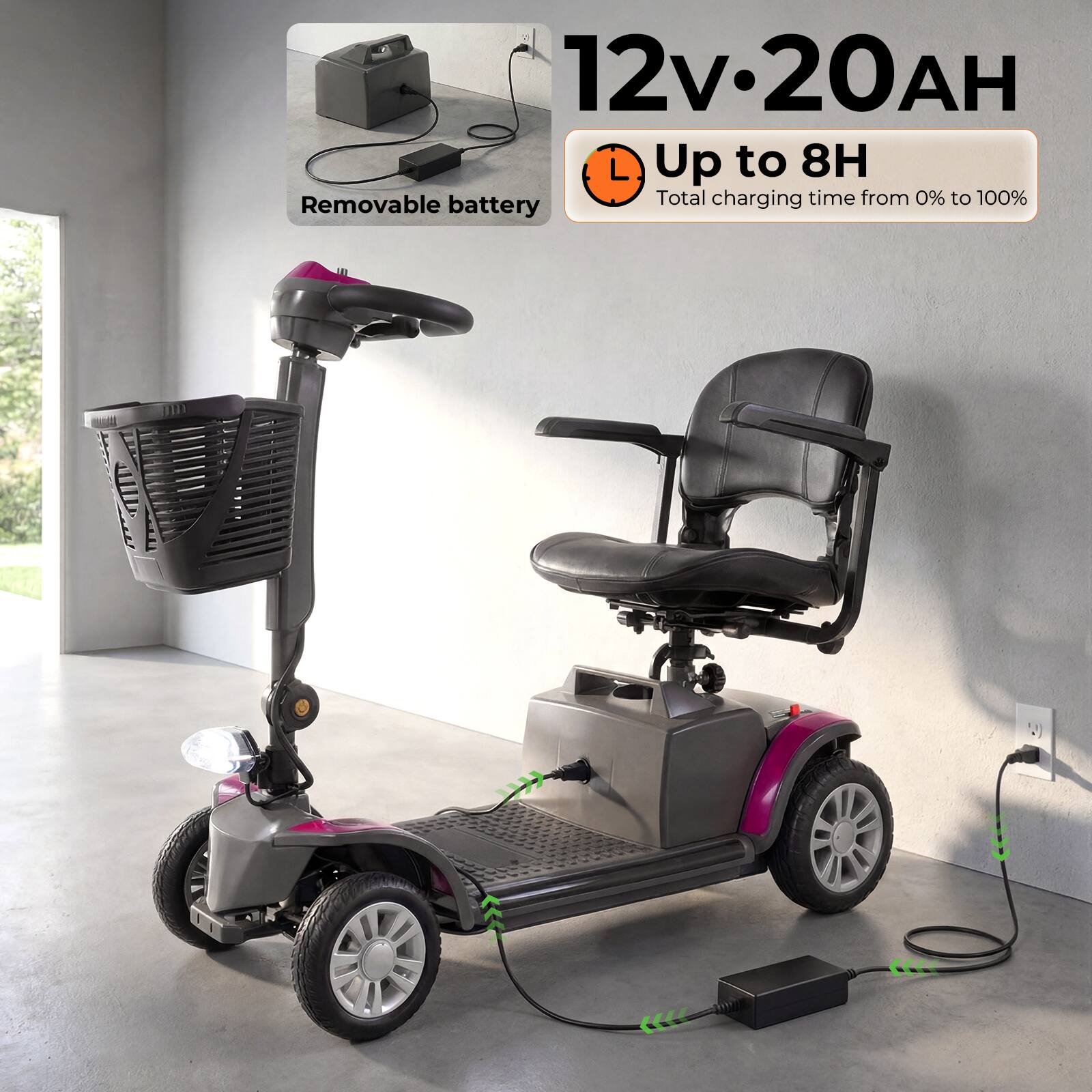 12v 20AH  
Up to 8H  
Removable battery  
Total charging time from 0% to 100%