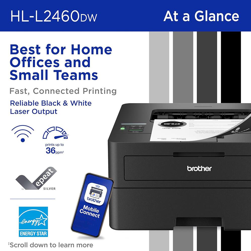 HL-L2460DW  
At a Glance  
Best for Home Offices and Small Teams  
Fast, Connected Printing  
Reliable Black & White Laser Output  
prints up to 36 ppm*  
epeat SILVER  
ENERGY STAR  
Mobile Connect  
Scroll down to learn more