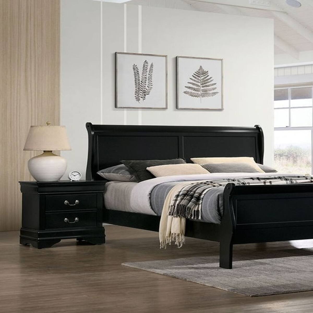 Alt View 3. Loheer - Loheer Black Solid Wood Nightstand with Two Drawers for Bedroom Storage - Black.