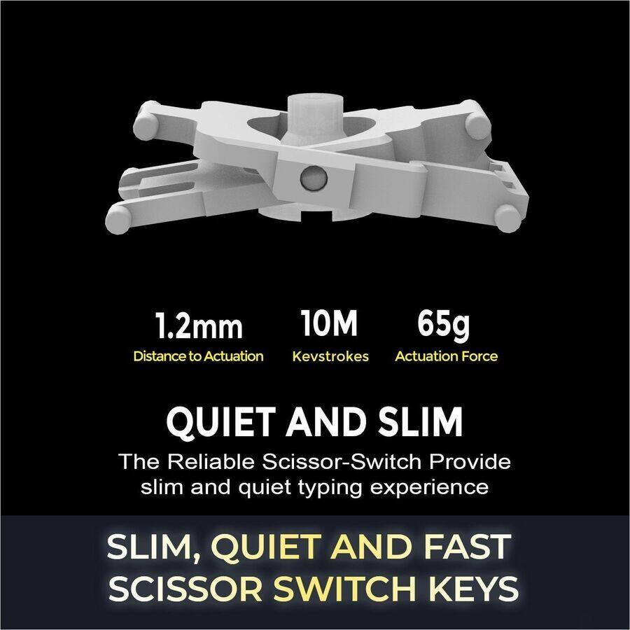 1.2mm  
Distance to Actuation

10M  
Kevstrokes

65g  
Actuation Force

QUIET AND SLIM  
The Reliable Scissor-Switch Provide slim and quiet typing experience

SLIM, QUIET AND FAST SCISSOR SWITCH KEYS