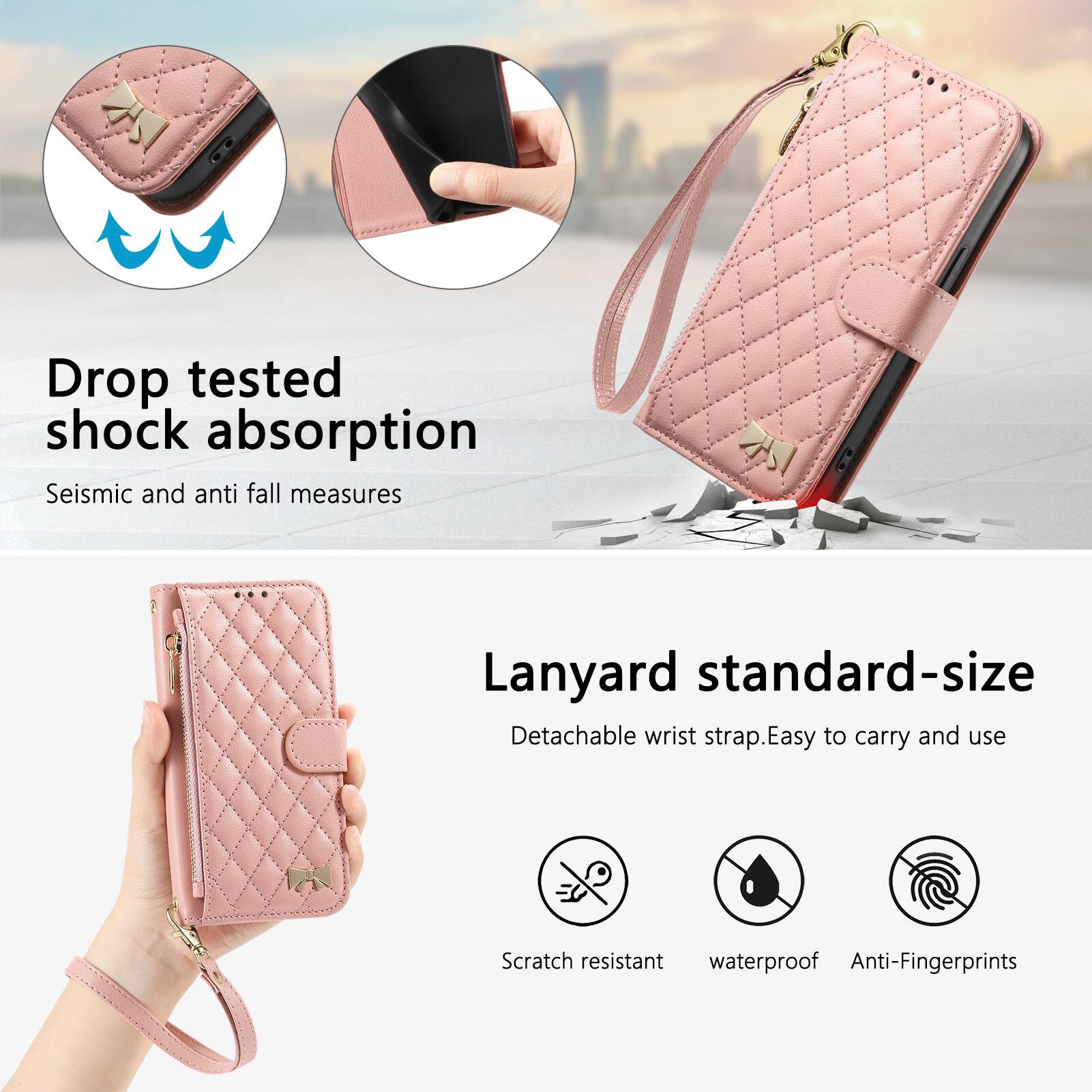 Drop tested shock absorption  
Seismic and anti fall measures  

Lanyard standard-size  
Detachable wrist strap. Easy to carry and use  

Scratch resistant  
Waterproof  
Anti-Fingerprints