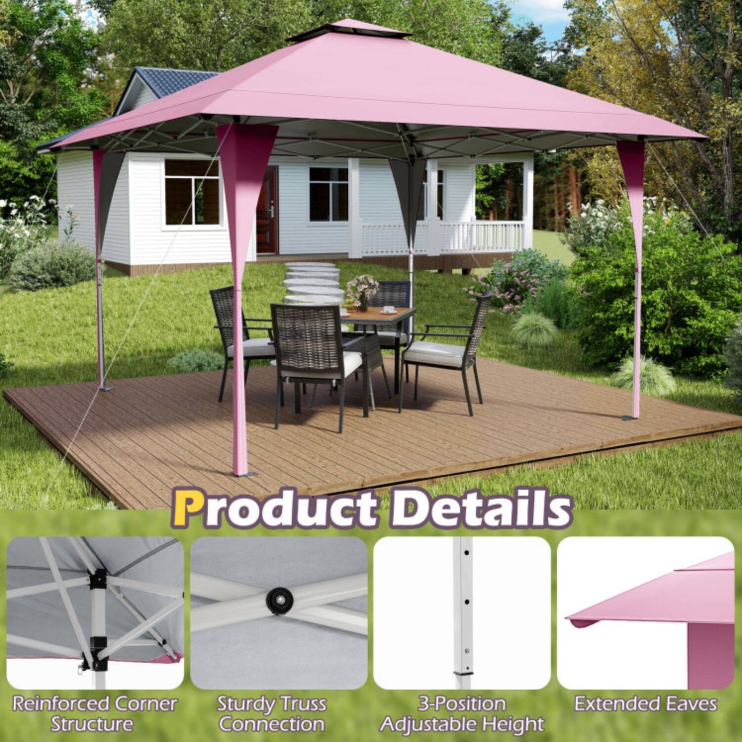 Product Details

- Reinforced Corner Structure
- Sturdy Truss Connection
- 3-Position Adjustable Height
- Extended Eaves