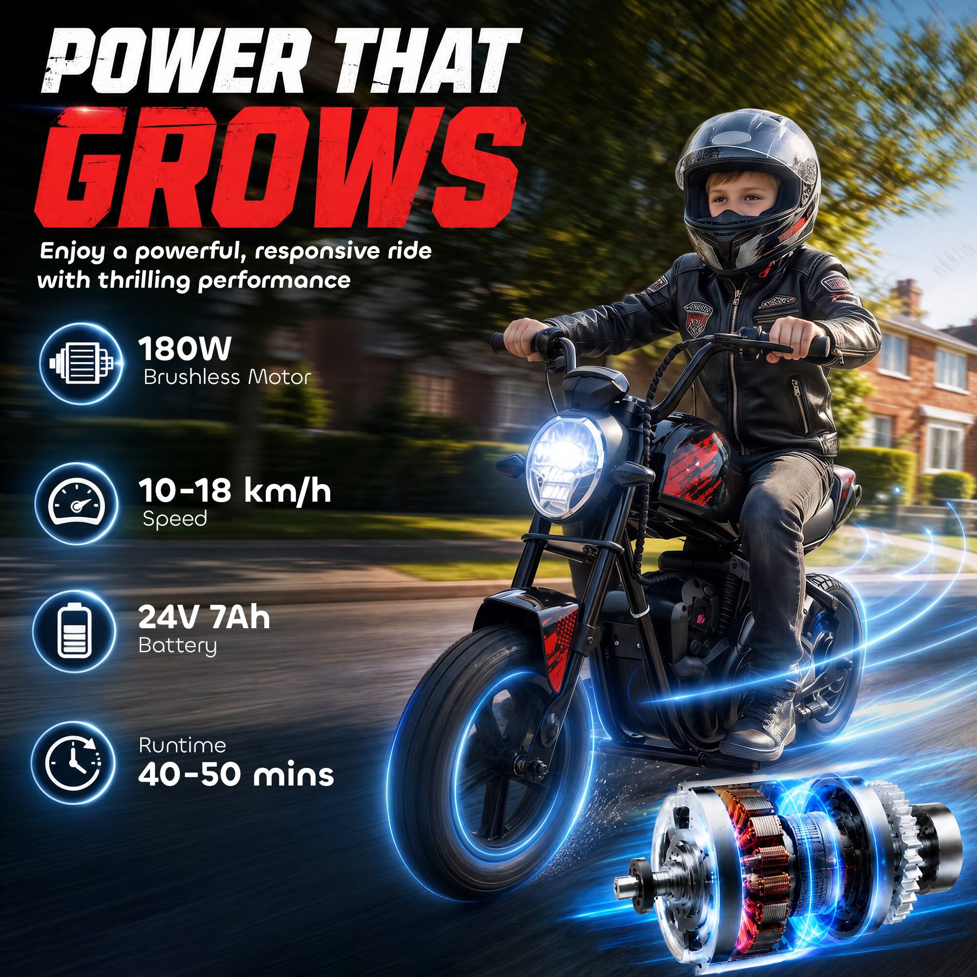 POWER THAT GROWS  
Enjoy a powerful, responsive ride with thrilling performance  
180W Brushless Motor  
10-18 km/h Speed  
24V 7Ah Battery  
Runtime 40-50 mins