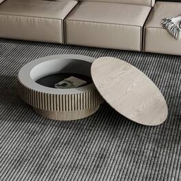 Loheer - 31.5 Inch Round Coffee Table with Storage Modern Grey Solid Wood Veneer Living Room Table - Gray