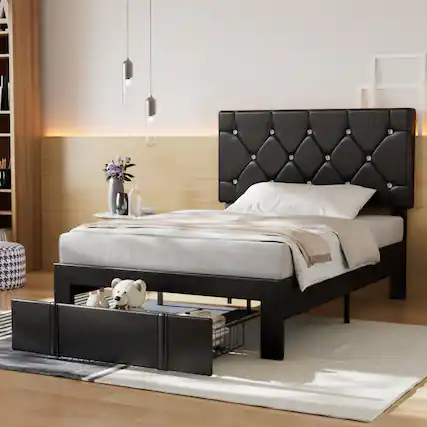 Front. Vecelo - Twin Bed Frame with Storage Drawers, Upholstered Faux Leather Platform Bed with Adjustable Headboard and Wood Slats - Black.