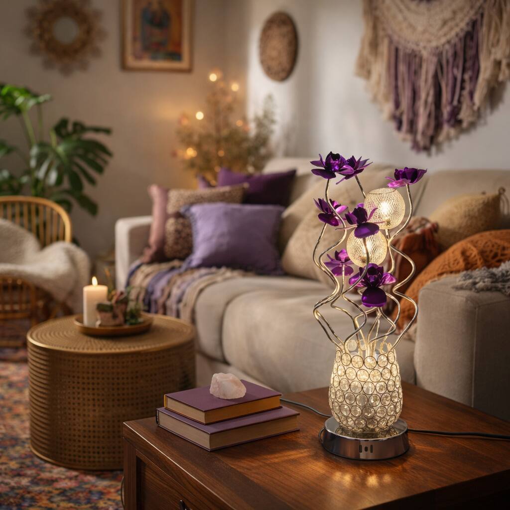 Front. FC Design - 24"H Translucent Textured Vase Dark Purple Floral Stem Mesh Light Table Lamp.