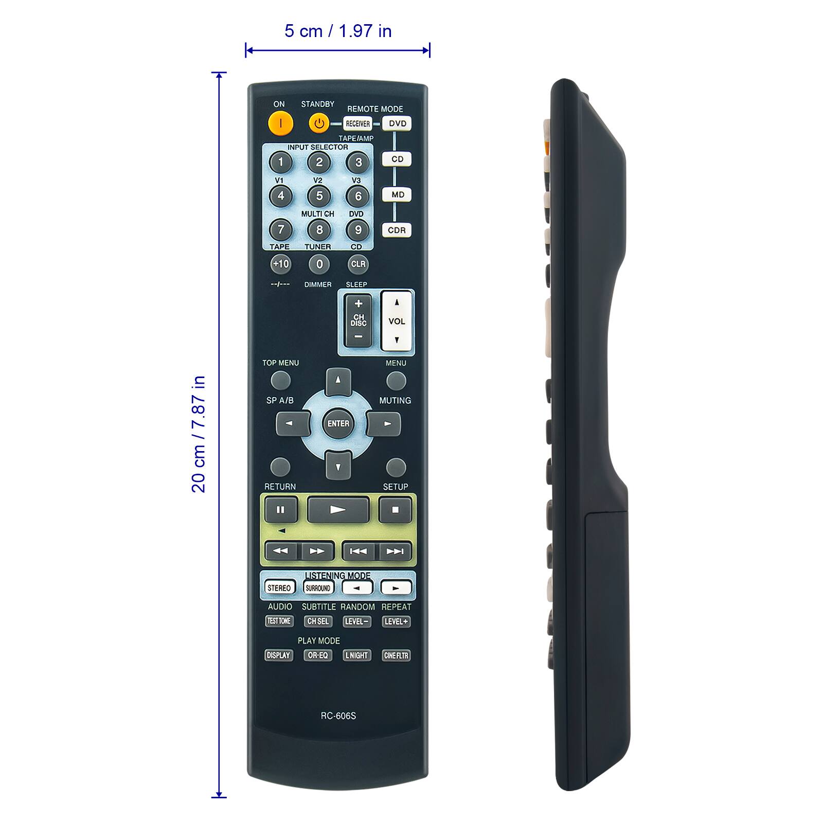 5 cm / 1.97 in  
ON STANDBY REMOTE MODE  
I  
RECEIVER DVD TAPE/AMP  
INPUT SELECTOR  
1 2 3 CD  
V1 V2 V3  
4 SV  
5 v3  
6 MD  
7 MULTI CH  
8 DVD  
9 CDR TAPE TUNER  
CD  
+10 0 CLR  
DMMIER SLEEP  
+ CH DISC  
VOL -  
in cm / 7.87 cm  
20 cm / 7.87 in  
TOP MENU  
SP A/B  
RETURN "  
ENTER  
1 MENU  
MUTING  
SETUP  
LISTENING MODE  
STEAO SURROUND  
AUDIO SUBTITLE RANDOM REPEAT  
CHSEL LEVEL- LEVEL+  
PLAY MODE  
DISPLAY OR-CO  
LIGHT  
ONE FLTR  
RC-6065
