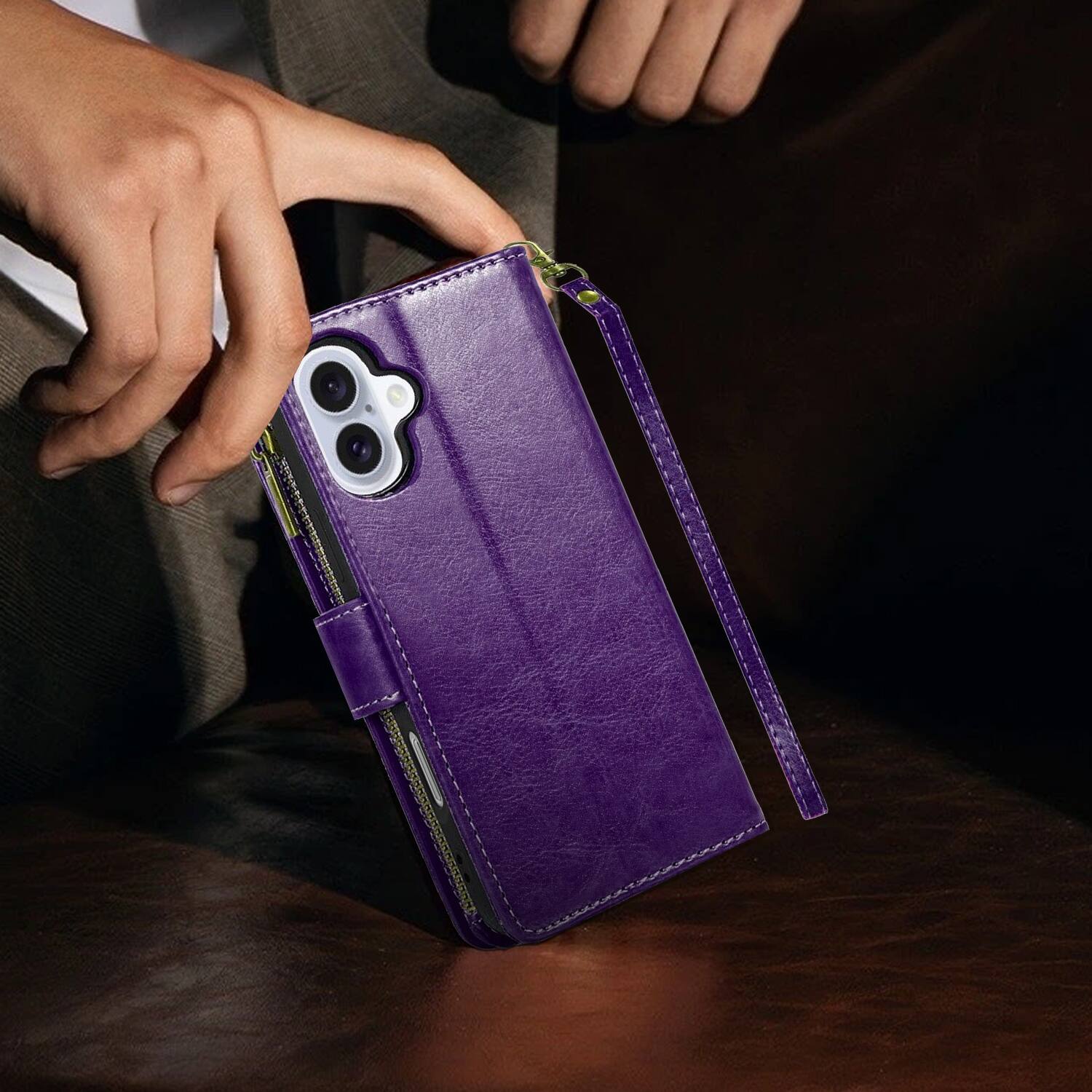 Alt View 6. Equipd - Phone Case for iPhone 16 (6.1"), Luxury Wallet Card ID Zipper Money Holder Cover - Purple.