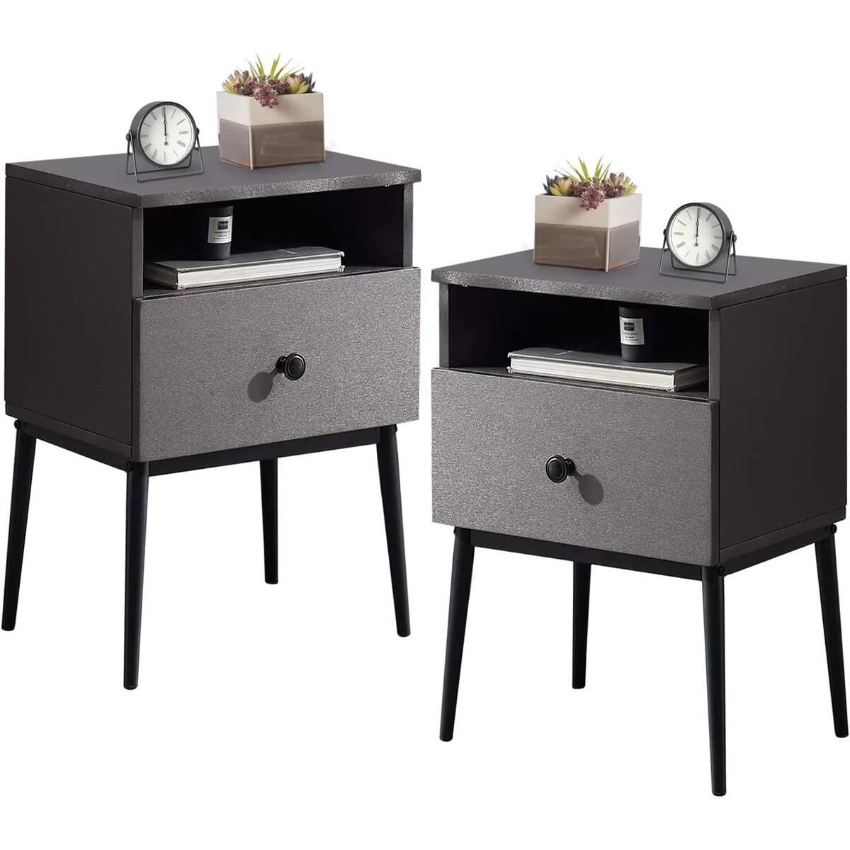 Hivvago - Set of 2 - Mid Century Modern Side Table Nightstand Wood Finish - Grey Black