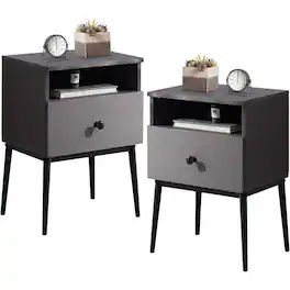 Hivvago - Set of 2 - Mid Century Modern Side Table Nightstand Wood Finish - Grey Black