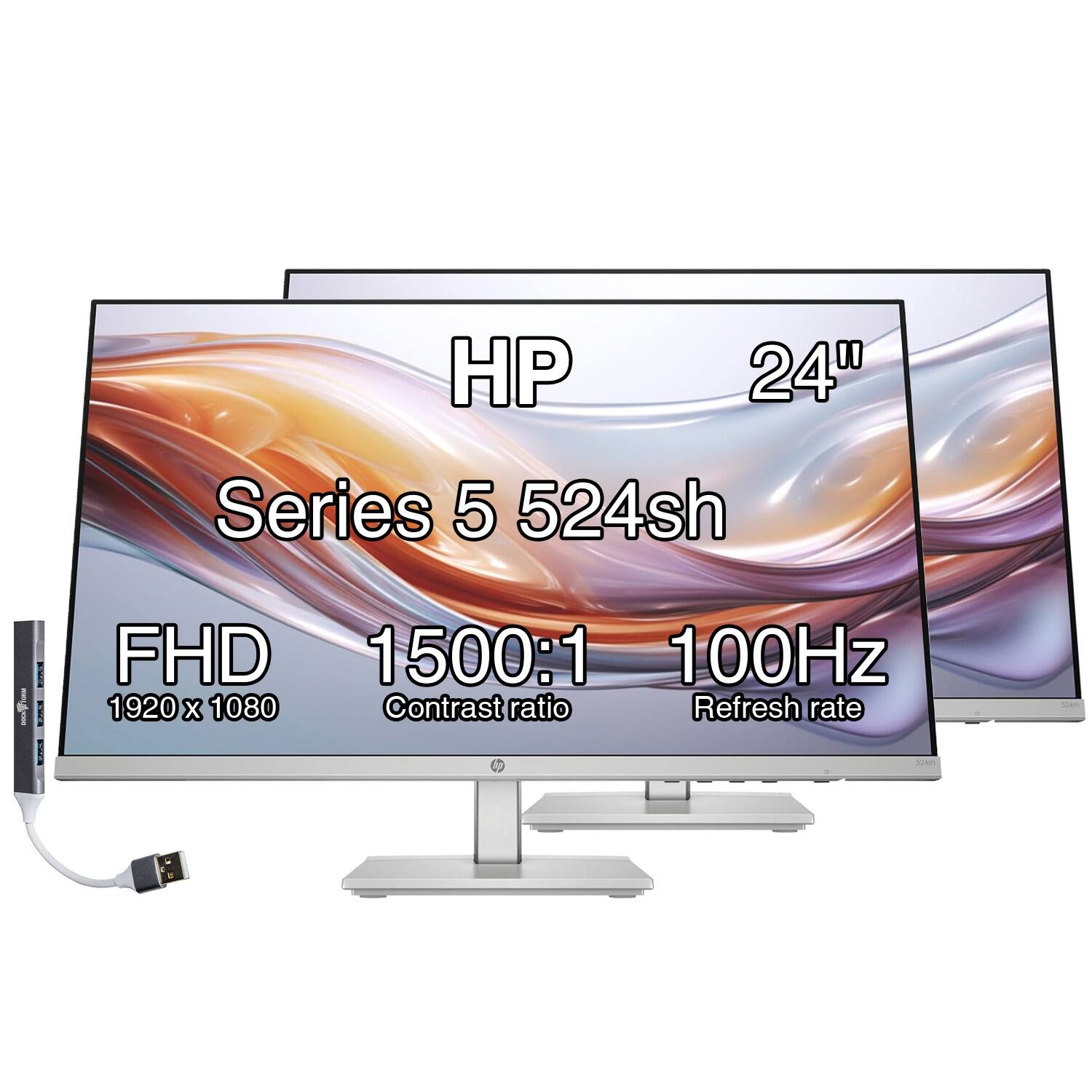 HP - Series 5 524sh 24'' FHD IPS Monitor, Anti-Glare, Flicker Free, VGA, HDMI & DKZ Hub, (94C19AA#ABA) 2Pack - Black/Silver