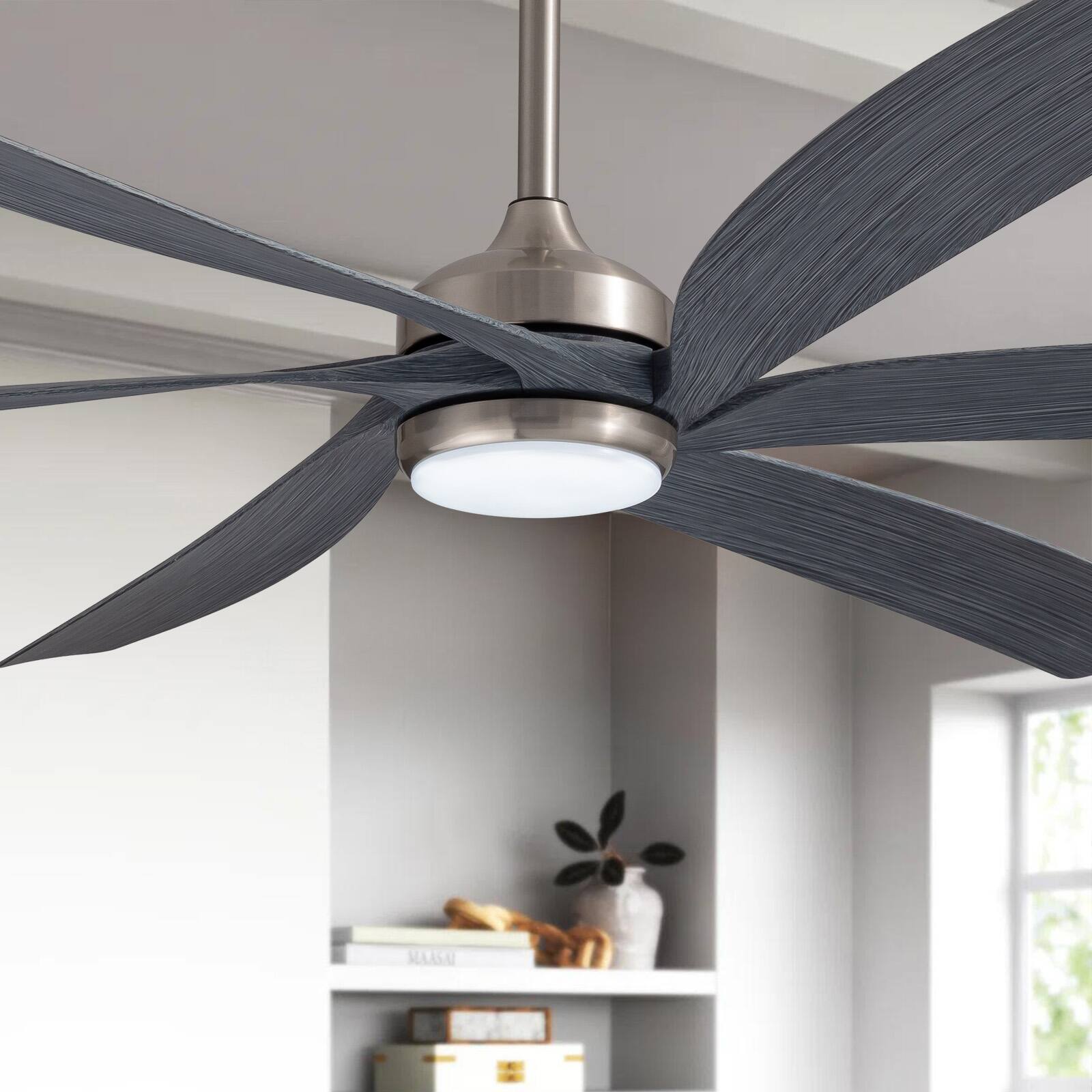 Angle. Siljoy - 64" Modern Silent Ceiling Fan, Reversible DC Motor, 6 Speeds, Timer, Natural Wind, Remote & APP Control, Indoor Outdoor - Brushed Nickel.