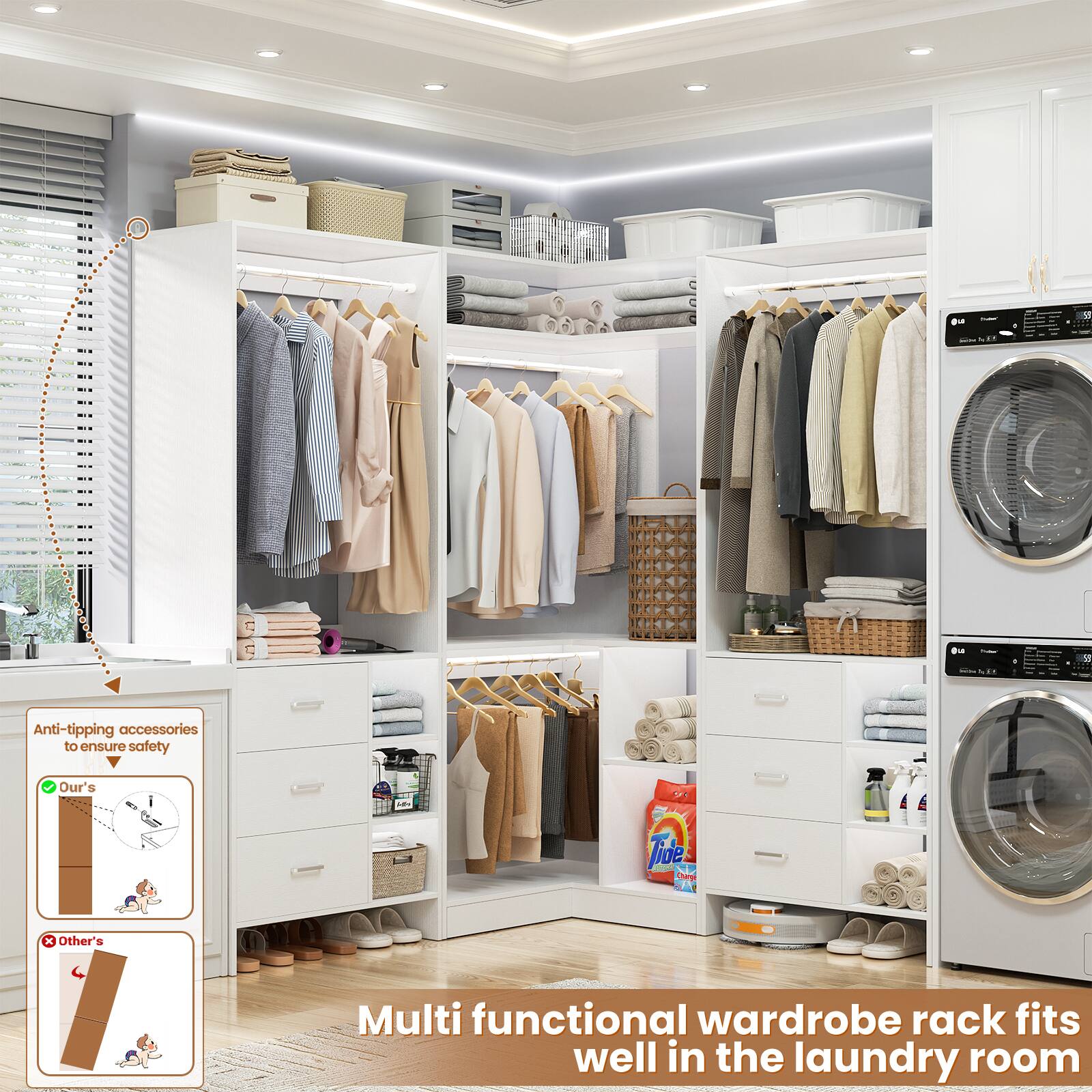 Anti-tipping accessories to ensure safety

Our's

Other's

Multi functional wardrobe rack fits well in the laundry room