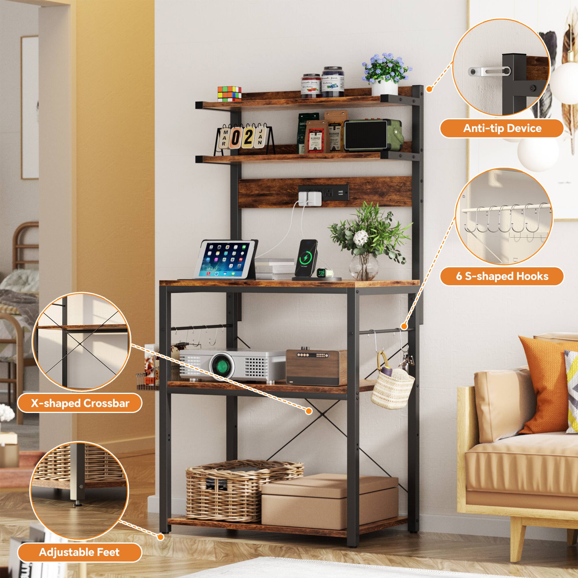 - Anti-tip Device
- 6 S-shaped Hooks
- X-shaped Crossbar
- Adjustable Feet