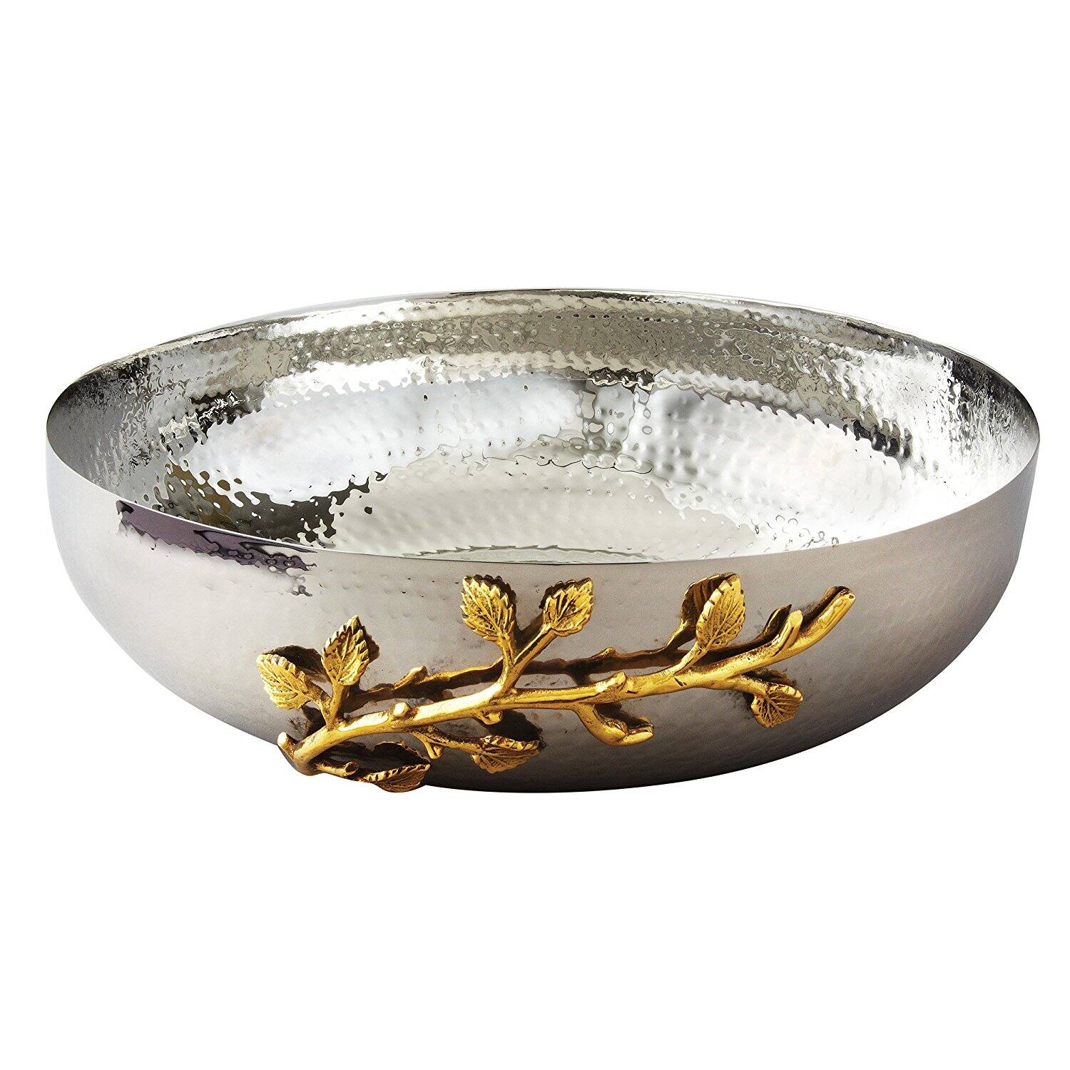 Front. Jiallo - Elegance Gilt Leaf Hammered Salad Bowl 12" Dia - Silver, Multi Color.