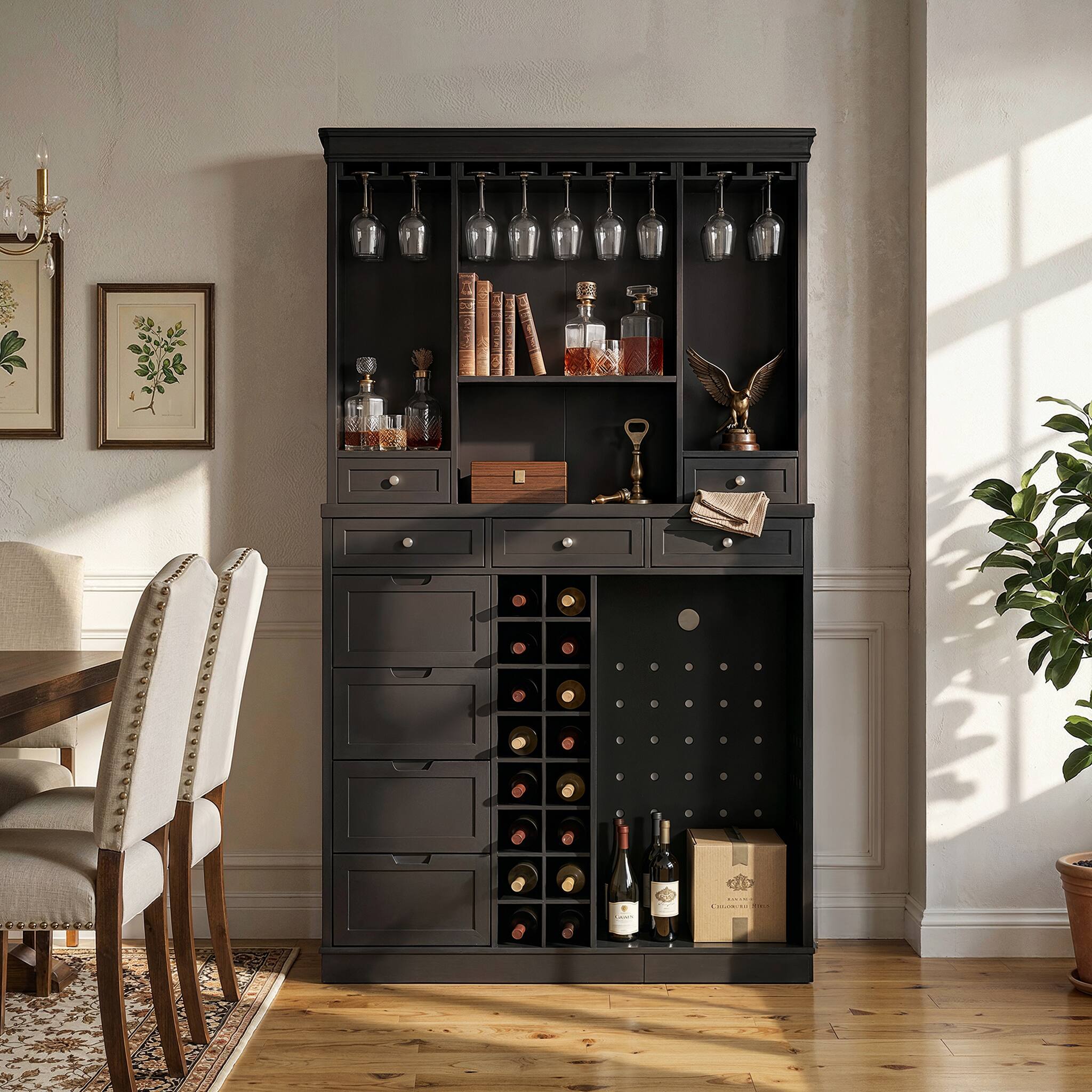 Alt View 9. Famapy - 78" Tall American Style Wine Cabinet with Storage – Fits Wine Fridge, Glass Rack, 16 Bottle Cubby, Drawers - Black.