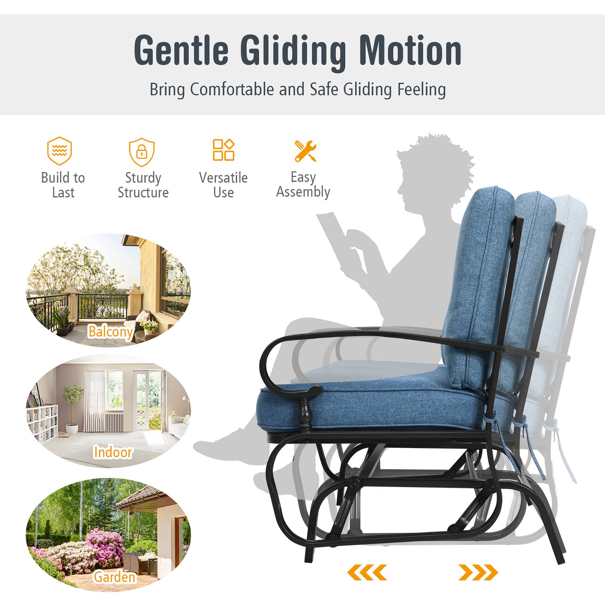 Gentle Gliding Motion, Bring Comfortable and Safe Gliding Feeling, Build to Last, Sturdy Structure, Versatile Use, Easy Assembly, Balcony, Indoor, Garden