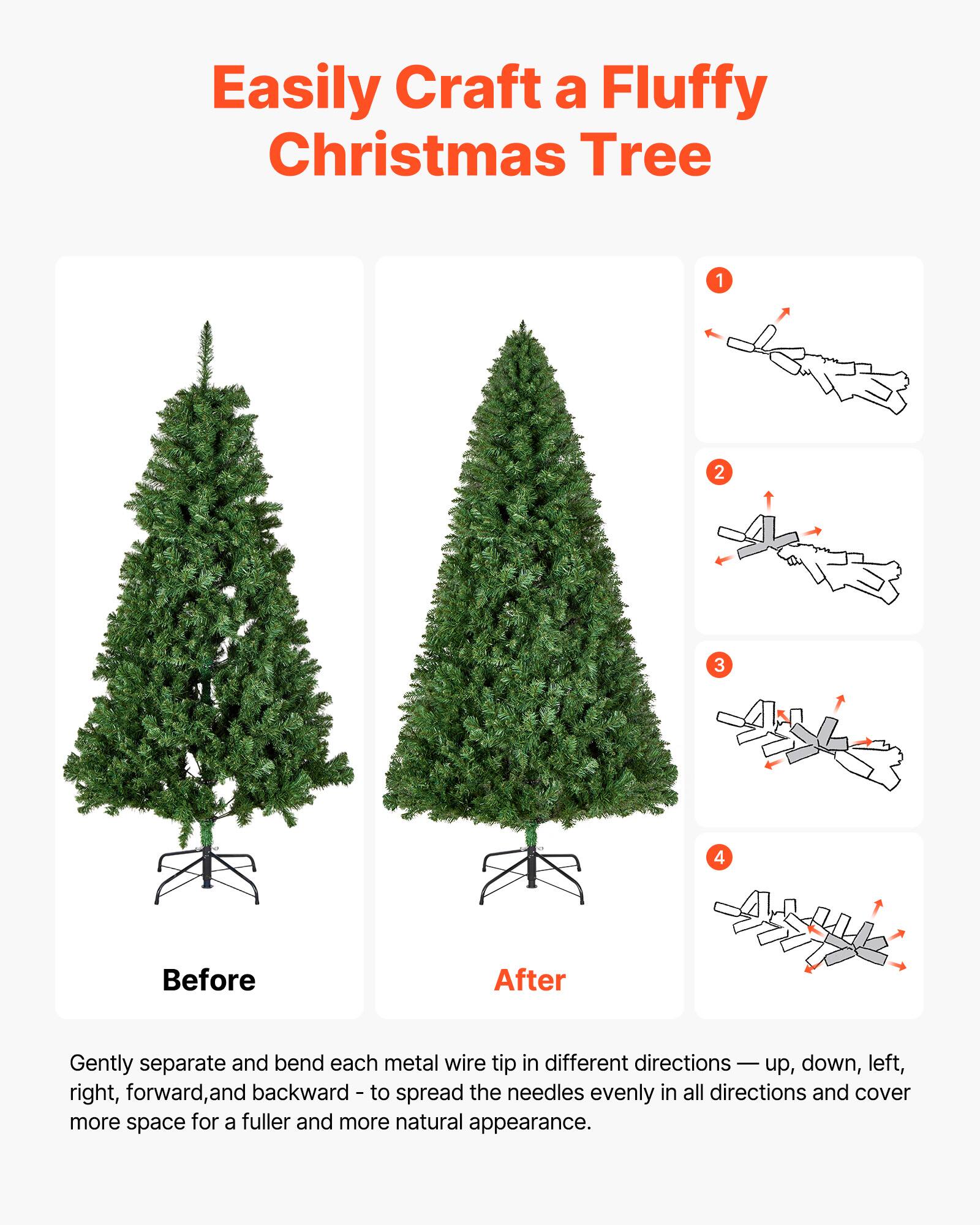 Easily Craft a Fluffy Christmas Tree

Before After

Gently separate and bend each metal wire tip in different directions — up, down, left, right, forward, and backward — to spread the needles evenly in all directions and cover more space for a fuller and more natural appearance.