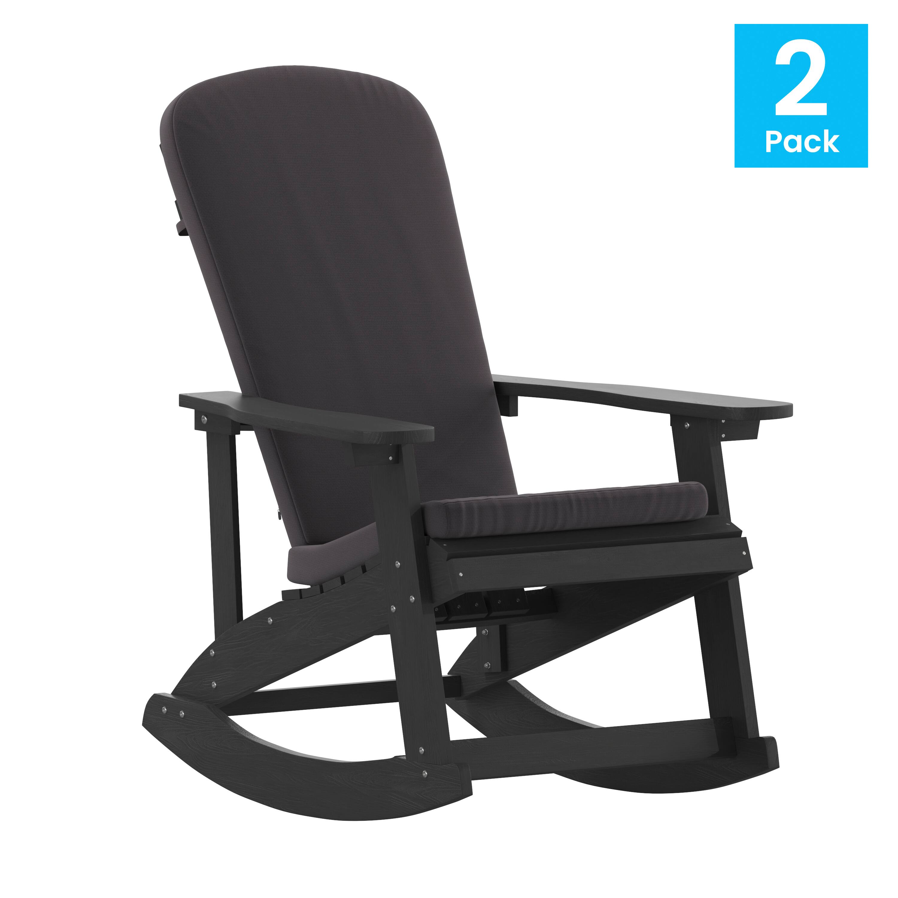 Alt View 1. Emma + Oliver - Marcy Set of 2 All-Weather Poly Resin Adirondack Rocking Chairs with Cushions - Gray Cushions/Black Frame.