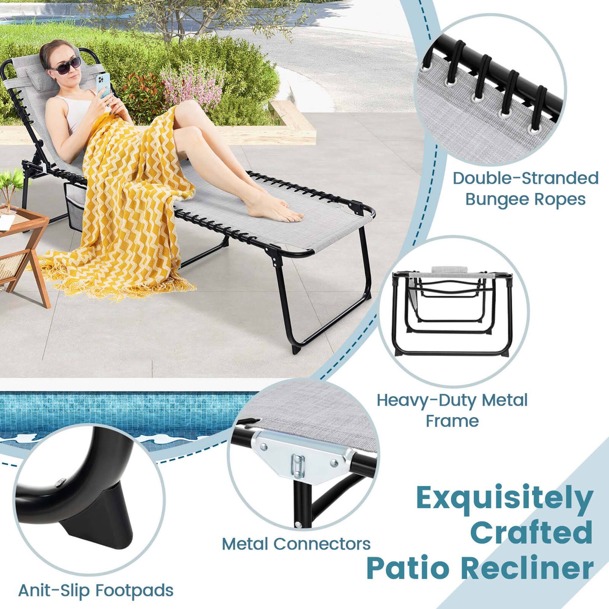 Double-Stranded Bungee Ropes, Heavy-Duty Metal Frame, Anti-Slip Footpads, Metal Connectors, Exquisitely Crafted Patio Recliner