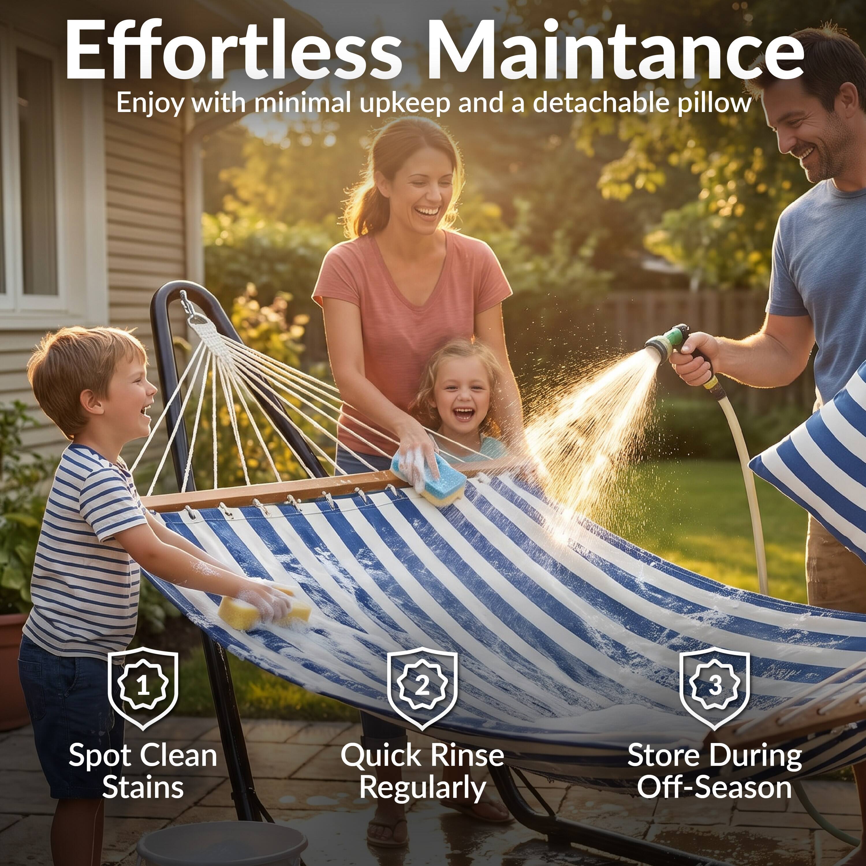 Effortless Maintenance  
Enjoy with minimal upkeep and a detachable pillow

1. Spot Clean Stains  
2. Quick Rinse Regularly  
3. Store During Off-Season