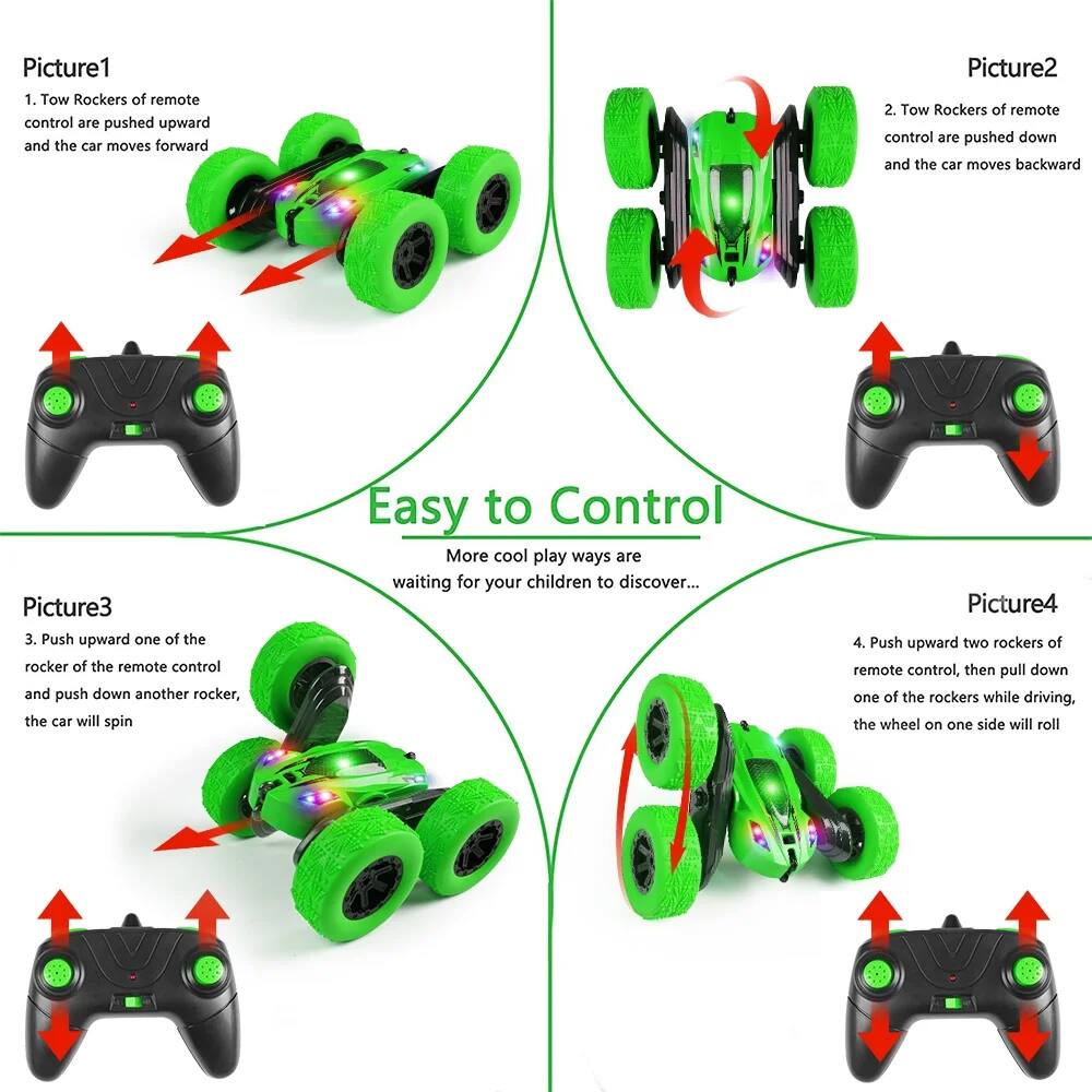 **Picture1**  
1. Tow Rockers of remote control are pushed upward and the car moves forward

**Picture2**  
2. Tow Rockers of remote control are pushed down and the car moves backward

**Picture3**  
3. Push upward one of the rocker of the remote control and push down another rocker, the car will spin

**Picture4**  
4. Push upward two rockers of remote control, then pull down one of the rockers while driving, the wheel on one side will roll

---

**Easy to Control**  
More cool play ways are waiting for your children to discover...