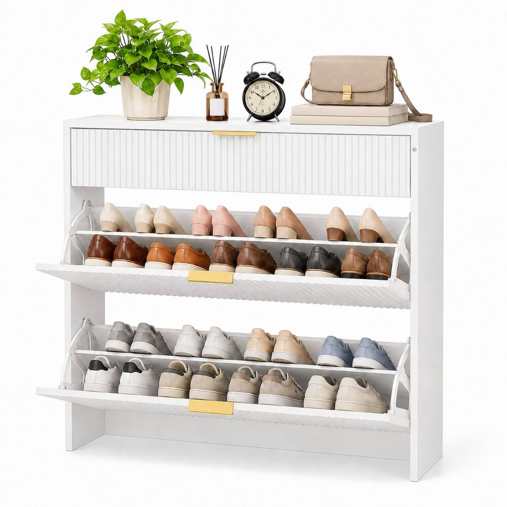 Back. Loheer - Loheer Narrow Fluted Shoe Storage Cabinet, Freestanding MDF Organizer with Flip Drawers, 31.5 Inch W, White - White.