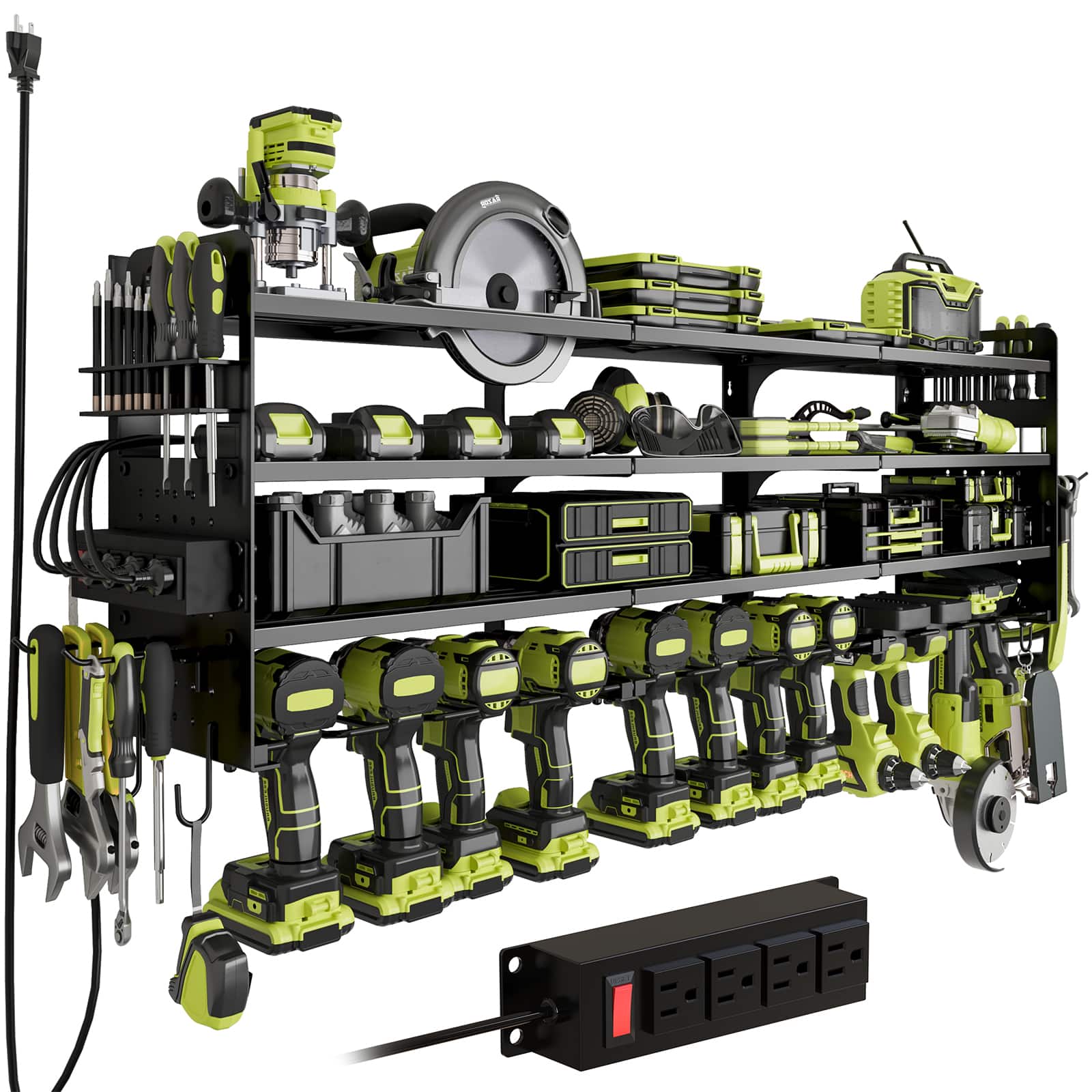 HAUSOURCE - 16.93 in. Black Steel 4-Tier Power Tool Organizer Shelving Wall Mount Utility Storage Rack Shelves Garage Cabinets - Yellow