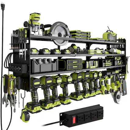 Front. HAUSOURCE - 16.93 in. Black Steel 4-Tier Power Tool Organizer Shelving Wall Mount Utility Storage Rack Shelves Garage Cabinets - Yellow.