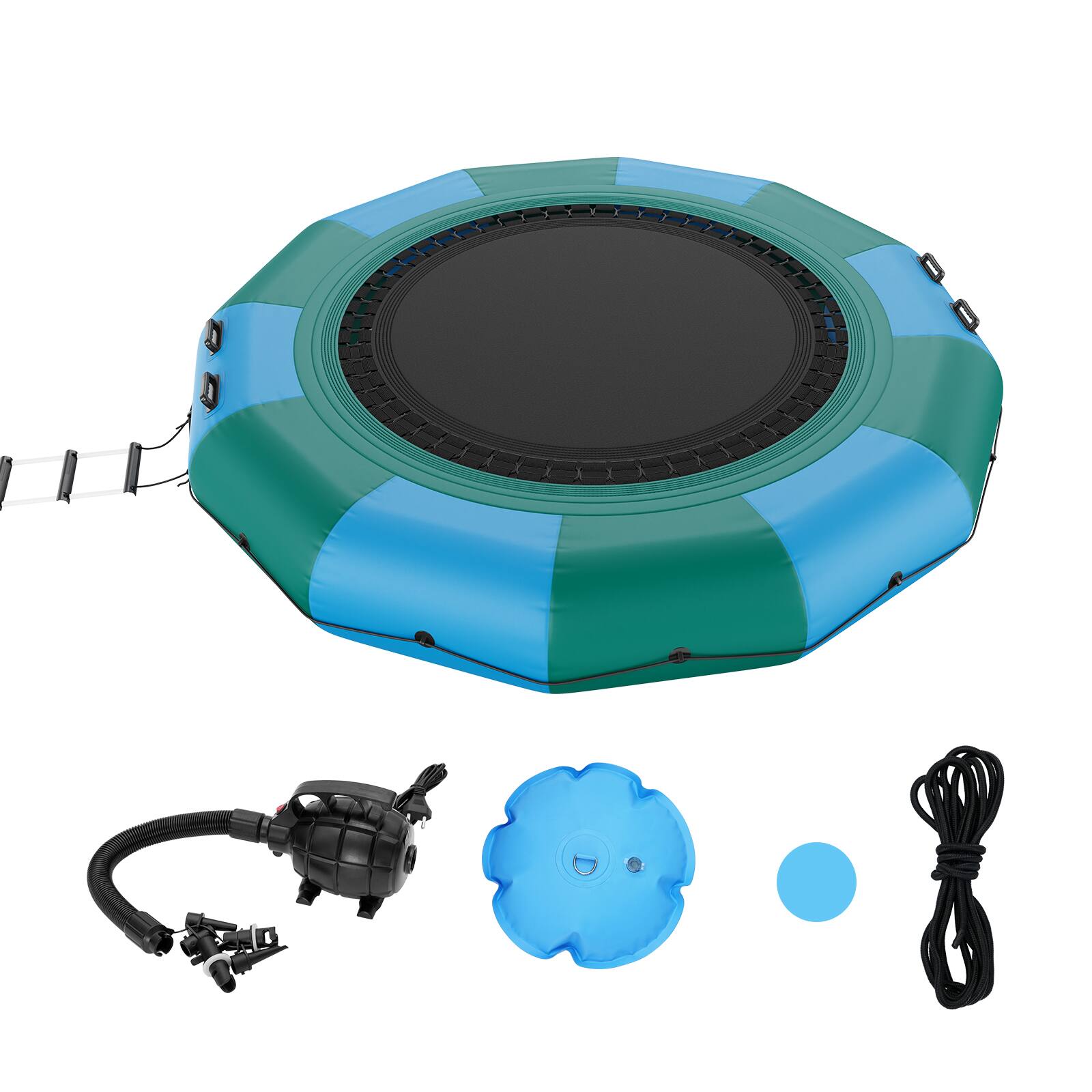 Front. VEVOR - Inflatable Water Bouncer, 12ft Recreational Water Trampoline, Portable Bounce Swim Platform with 3-Step Ladder - Blue, green.