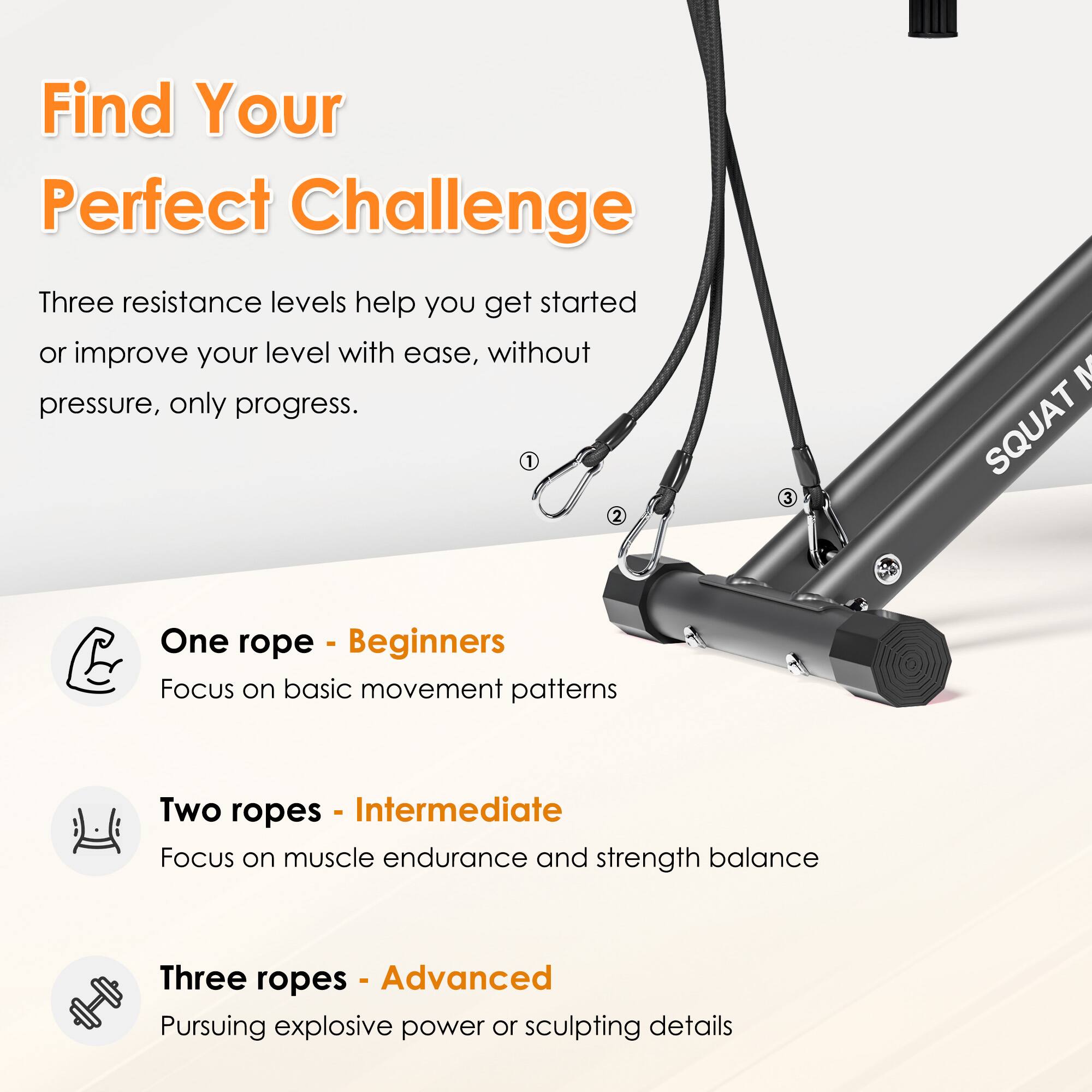 Find Your Perfect Challenge

Three resistance levels help you get started or improve your level with ease, without pressure, only progress.

1. One rope - Beginners  
   Focus on basic movement patterns

2. Two ropes - Intermediate  
   Focus on muscle endurance and strength balance

3. Three ropes - Advanced  
   Pursuing explosive power or sculpting details
