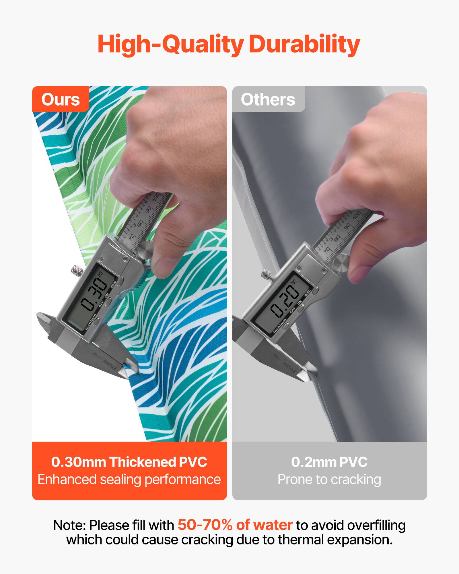 High-Quality Durability

Ours
0.30mm Thickened PVC
Enhanced sealing performance

Others
0.2mm PVC
Prone to cracking

Note: Please fill with 50-70% of water to avoid overfilling which could cause cracking due to thermal expansion.