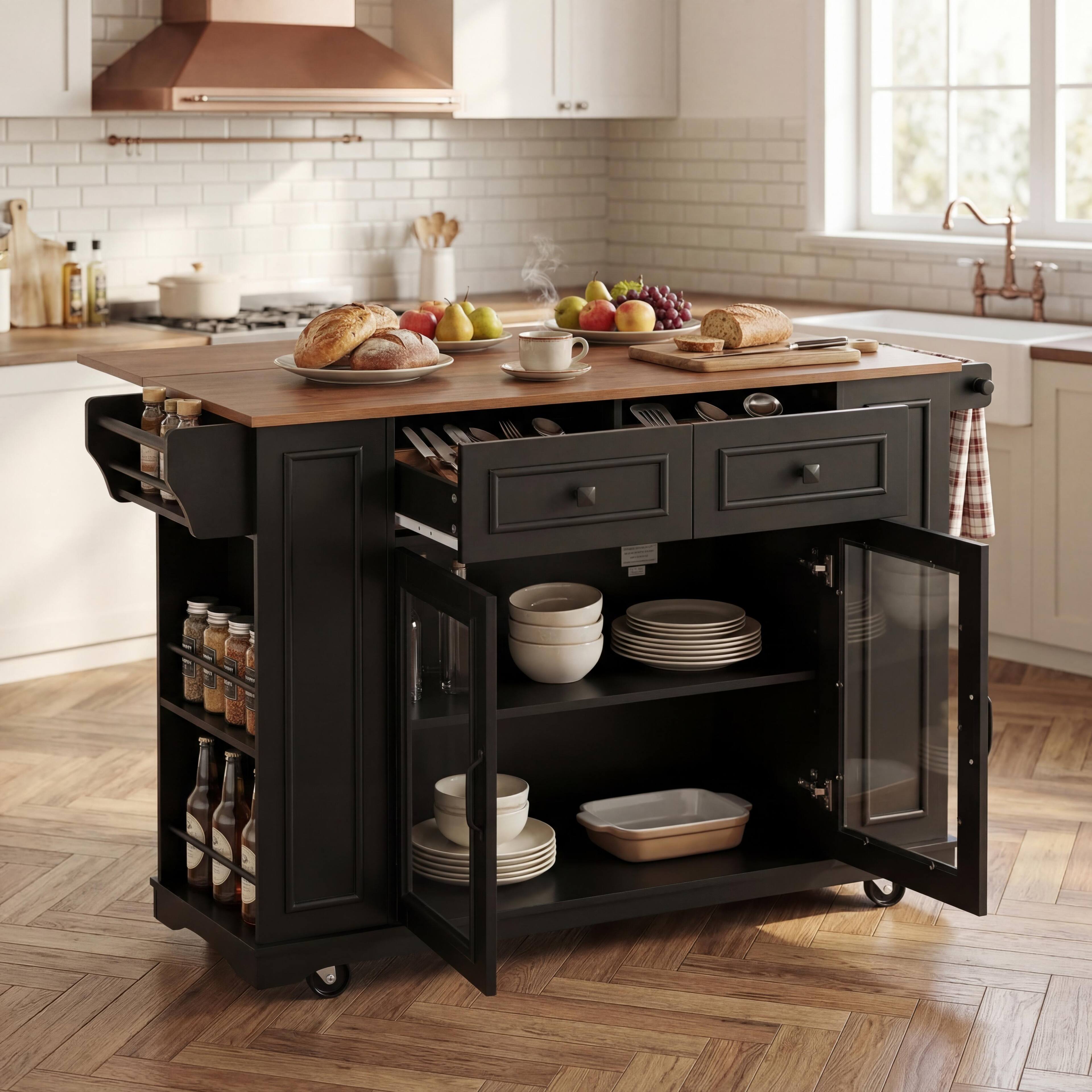 Left. Whisen - Mobile Kitchen Island with Glass Door Cabinets, Power Outlet, and Storage Shelves - Black.