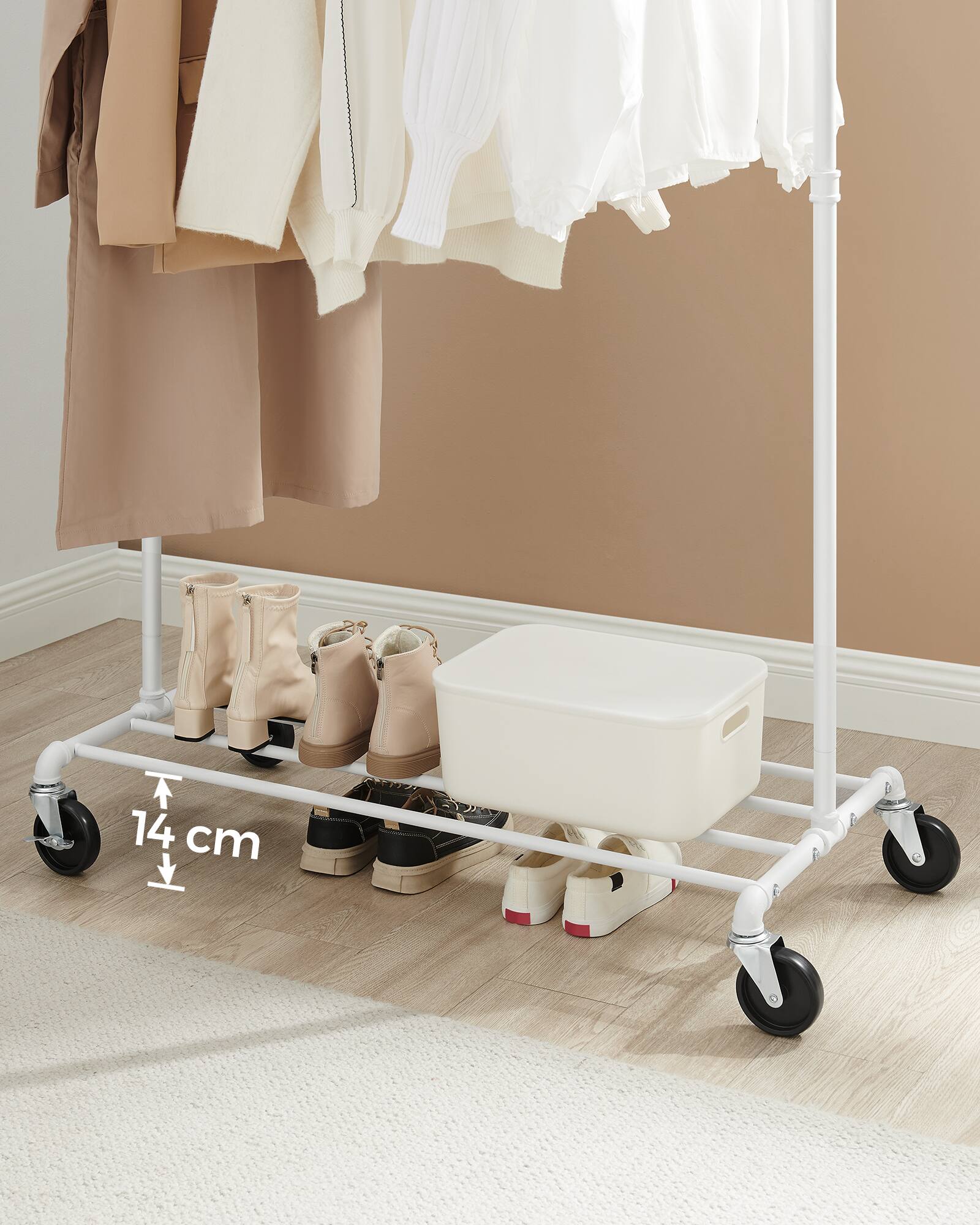 Alt View 2. Songmics Home - Heavy-Duty Clothes Rack, Clothing Rack for Hanging Clothes, Industrial Garment Rack on Wheels, Metal Frame - Matte White.
